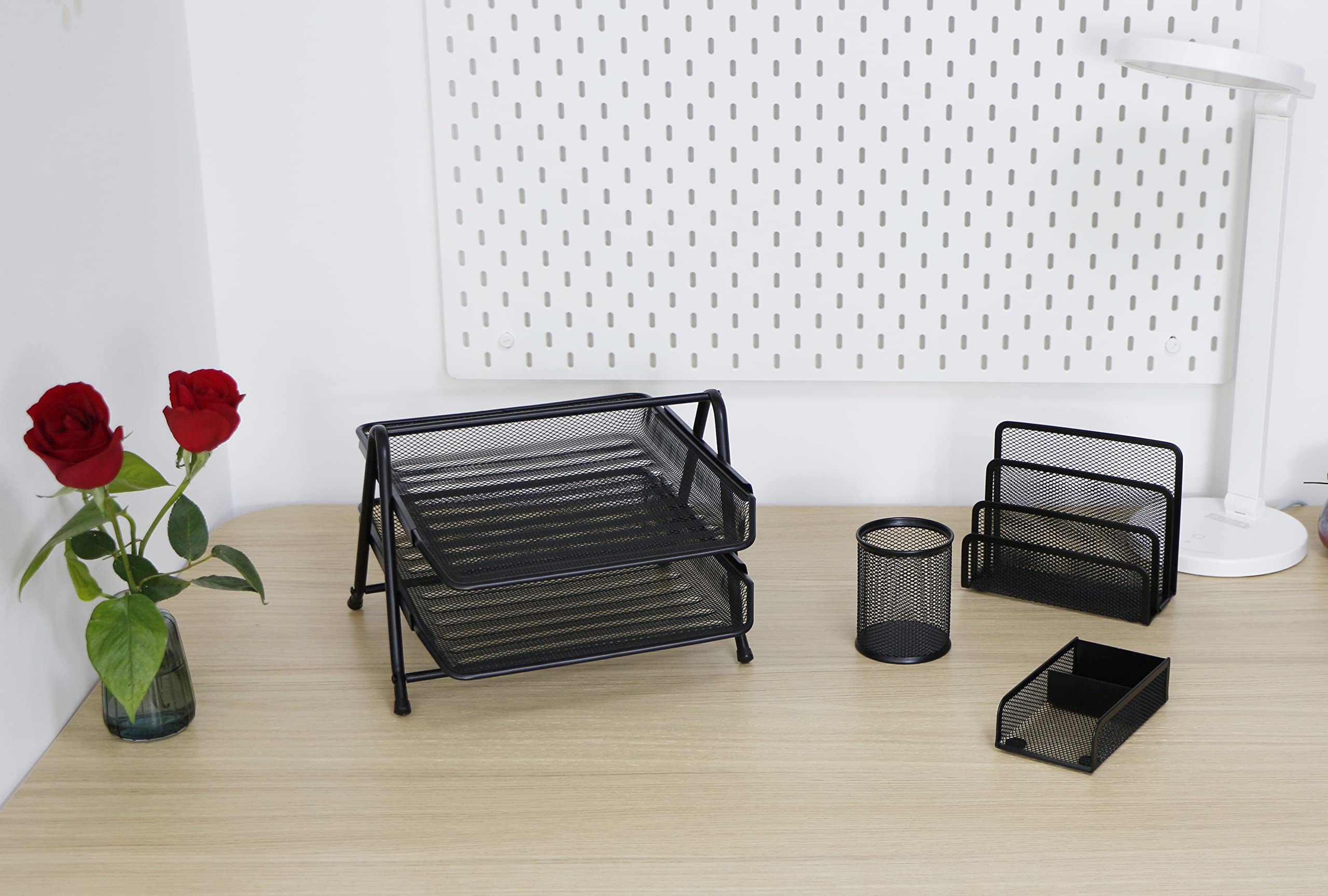Set Rangement Bureau 4 Pièces Argenté - Corbeille Courrier, Porte-stylos, Range-trombones