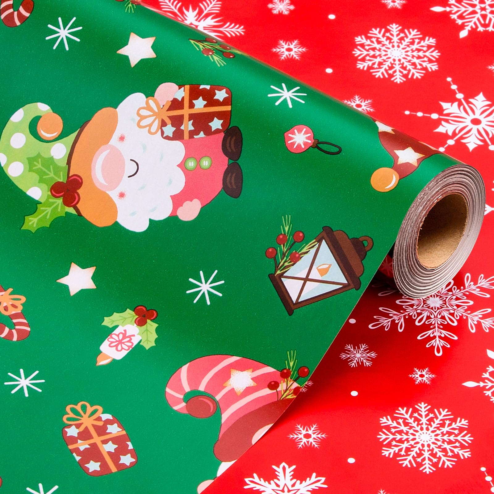 Wikadlik Reversible Christmas Wrapping Paper - 43cm x 10m Thick Green Presents Packing Paper - Funny Gnome/Candy Cane/Snowflakes/Berry Design