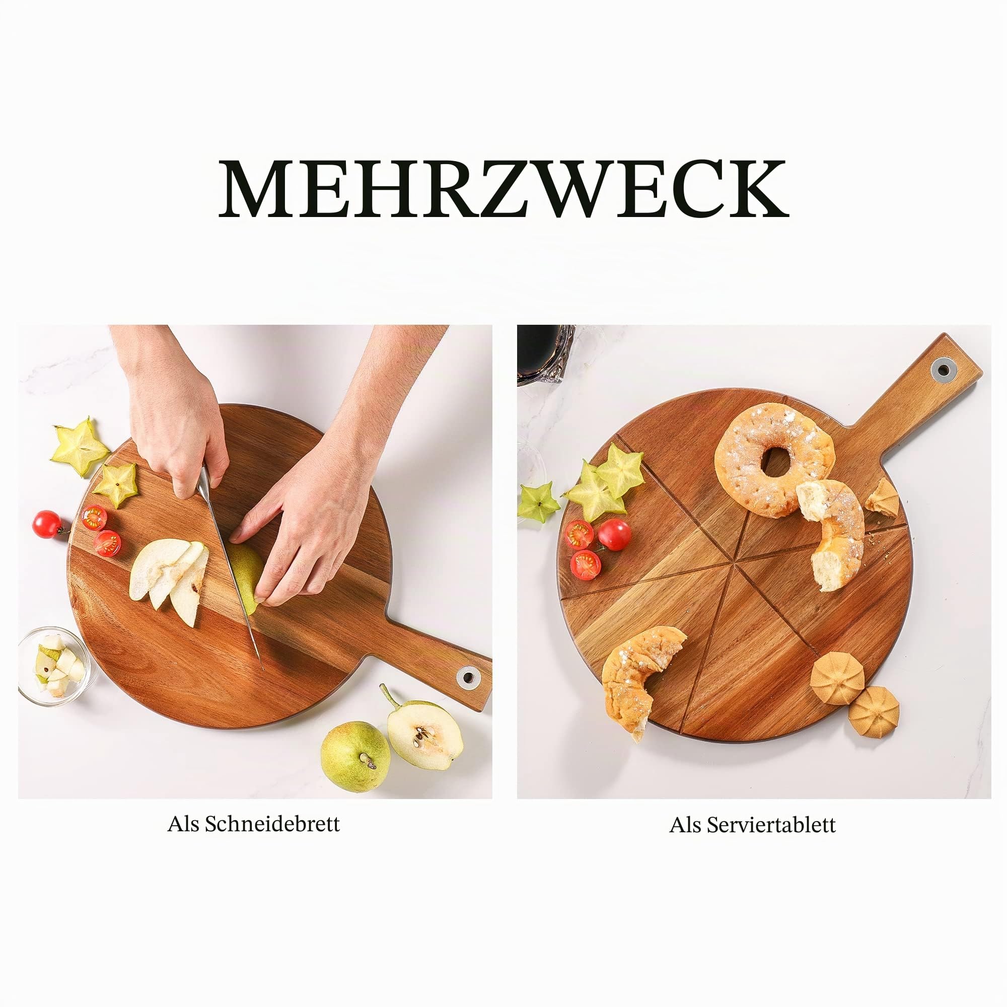 Pizzabrett Akazienholz, TJ POP 30 x30 cm Pizzateller Pizzaschneidebrett mit Pizzaschneider und Pizzaschale, rundes Pizzaschneidebrett Serviertablett zum Backen von selbstgemachter Pizza