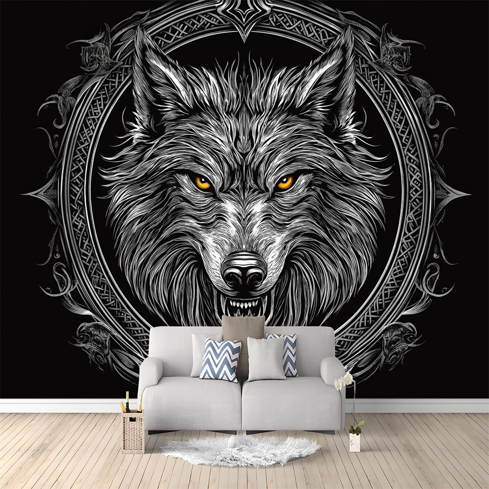 Mural Wallpaper Black Gray Animal Wolf 300x210 cm Wall Mural Photo Wallpaper, Non-Woven Art Print Fleece Wall Mural Decoration Poster, for Bedroom Living Room TV Backdrop