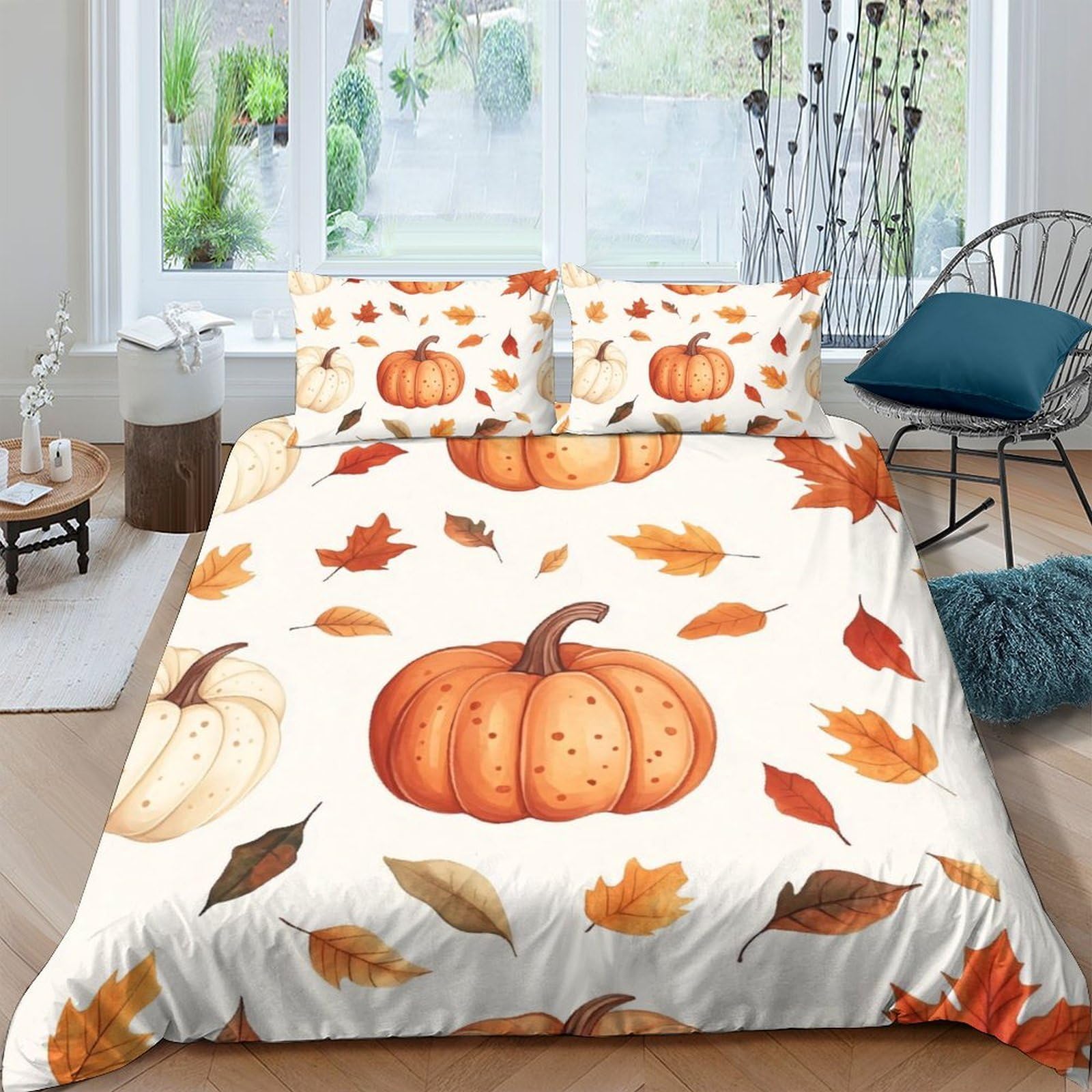 Ctjqhvkz Style-10 3D Printed Pumpkin Autumn Leaves Fitted Sheet Microfiber Soft Orange Maple Bed Cover Bedroom Mattress Decor Single（135X200cm）