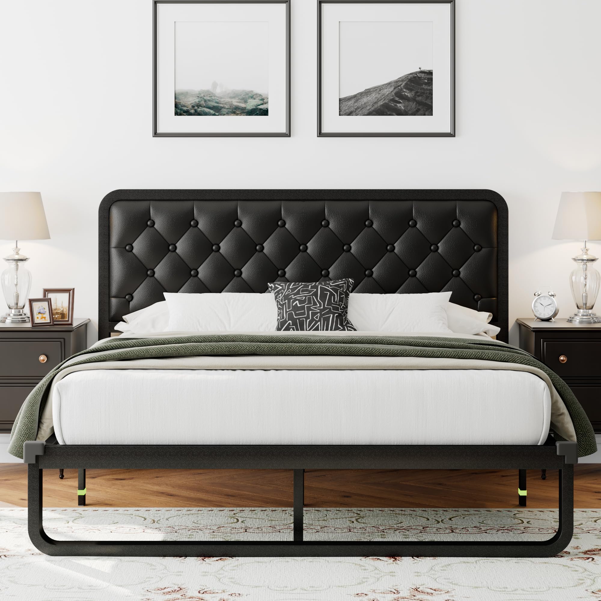 Full Size Metal Bed Frame with Button Tufted Upholstered Headboard, U-shaped Platform Bed Frame with 12" Storage, Heavy Duty Base, No Box Spring Needed, Black