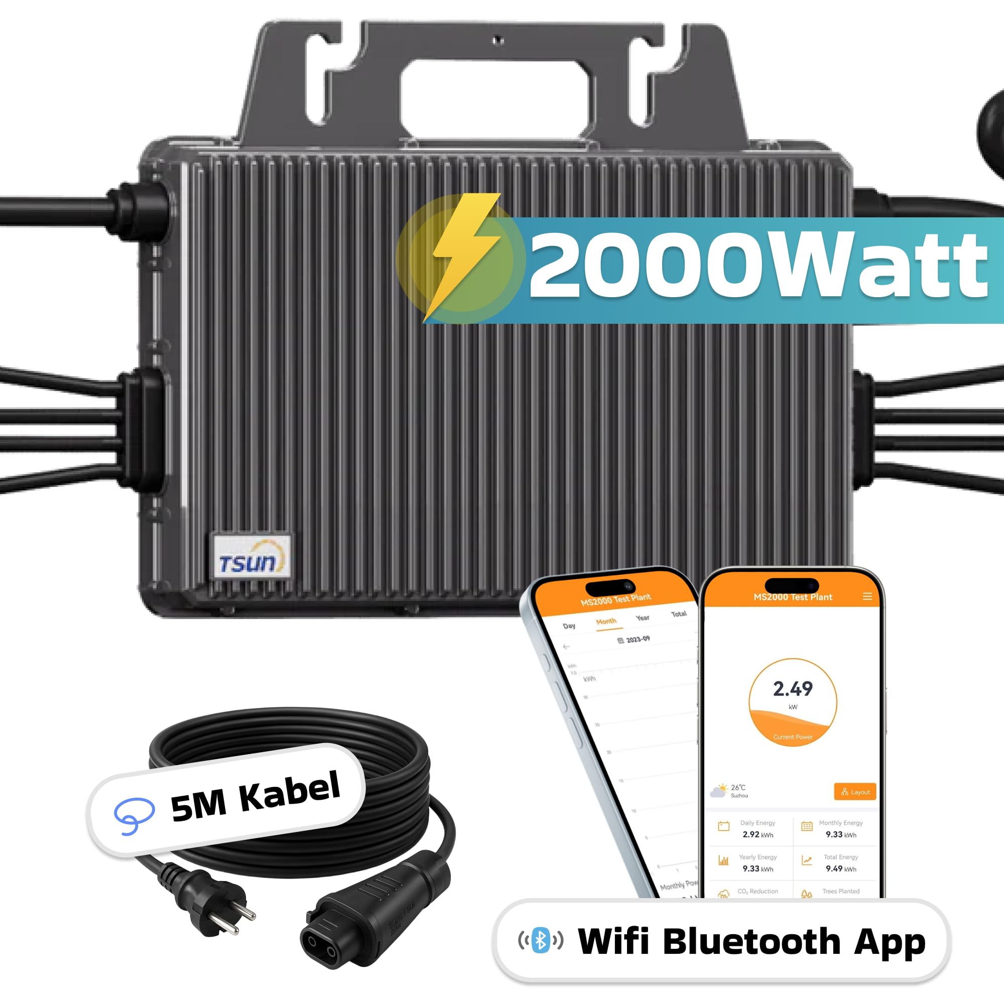 TSUN Mikro-Wechselrichter 2000W TSOL-MS2000 für Balkonkraftwerk, IP67 wetterfest, 4 MPPT, Bluetooth & WiFi, inkl. 5m Anschlusskabel, Micro Inverter