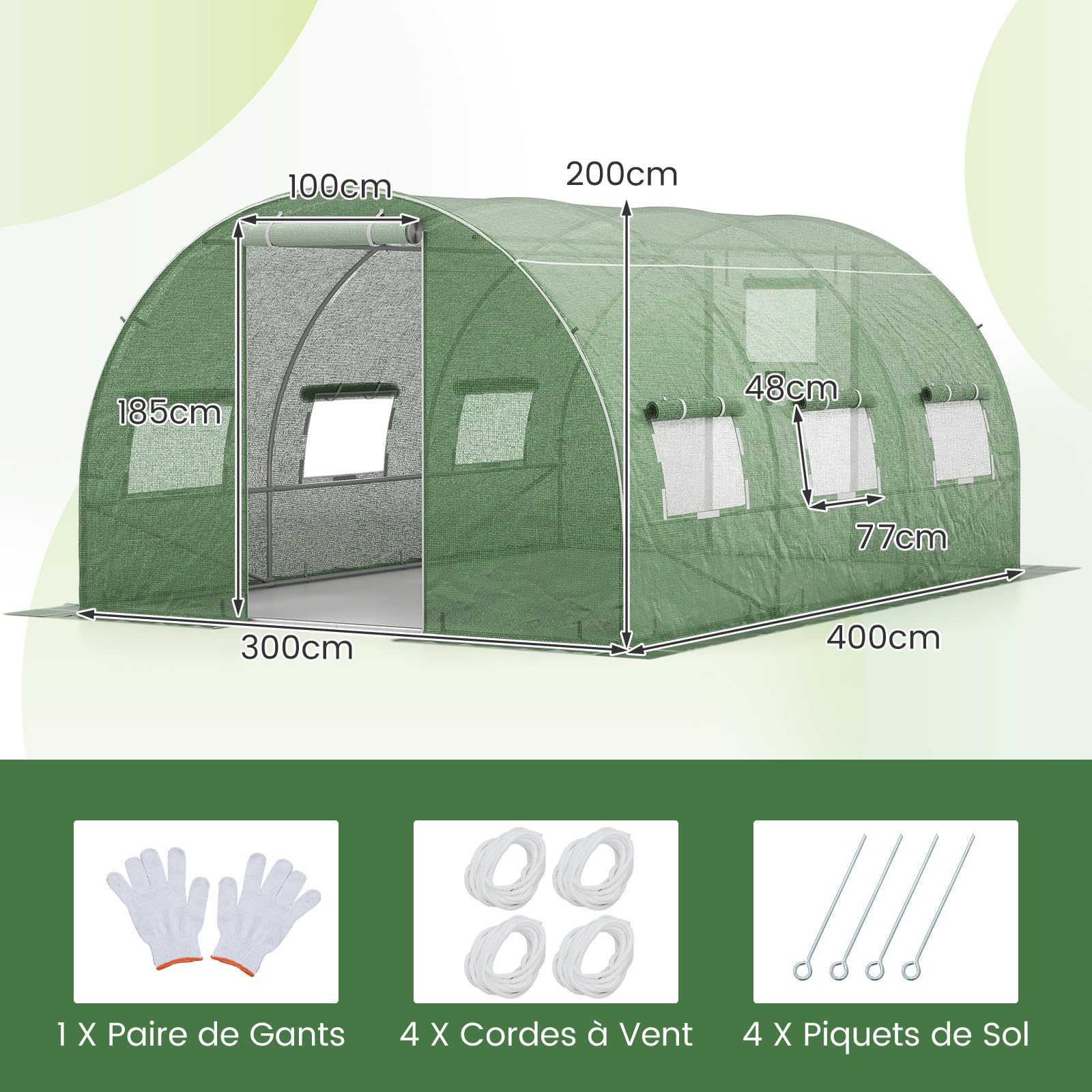 RELAX4LIFE Serre de Jardin 12m², Serre Tunnel de Jardin 4x3x2M avec Cadre en Acier Galvanisé, 2 Portes et 8 Fenêtres Enroulables, Housse PE pour Légumes, Fruits, Fleurs, Idéale pour Toutes Saisons