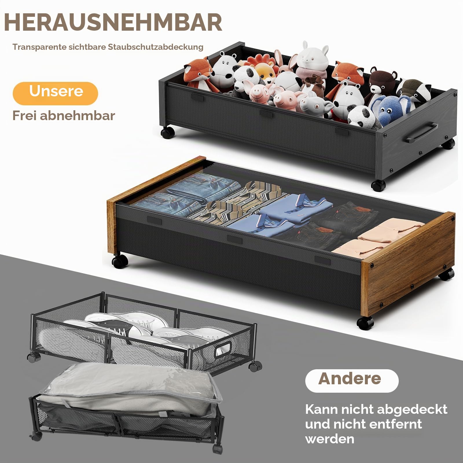KITHELP Unterbettkommode mit Rollen, Schuhaufbewahrung unter dem Bett, Schubladen mit herausziehbarem Fenster, extra große Rollunterbettkommode, Metallschublade für Kleidung (Walnussbraun, 2er-Pack)