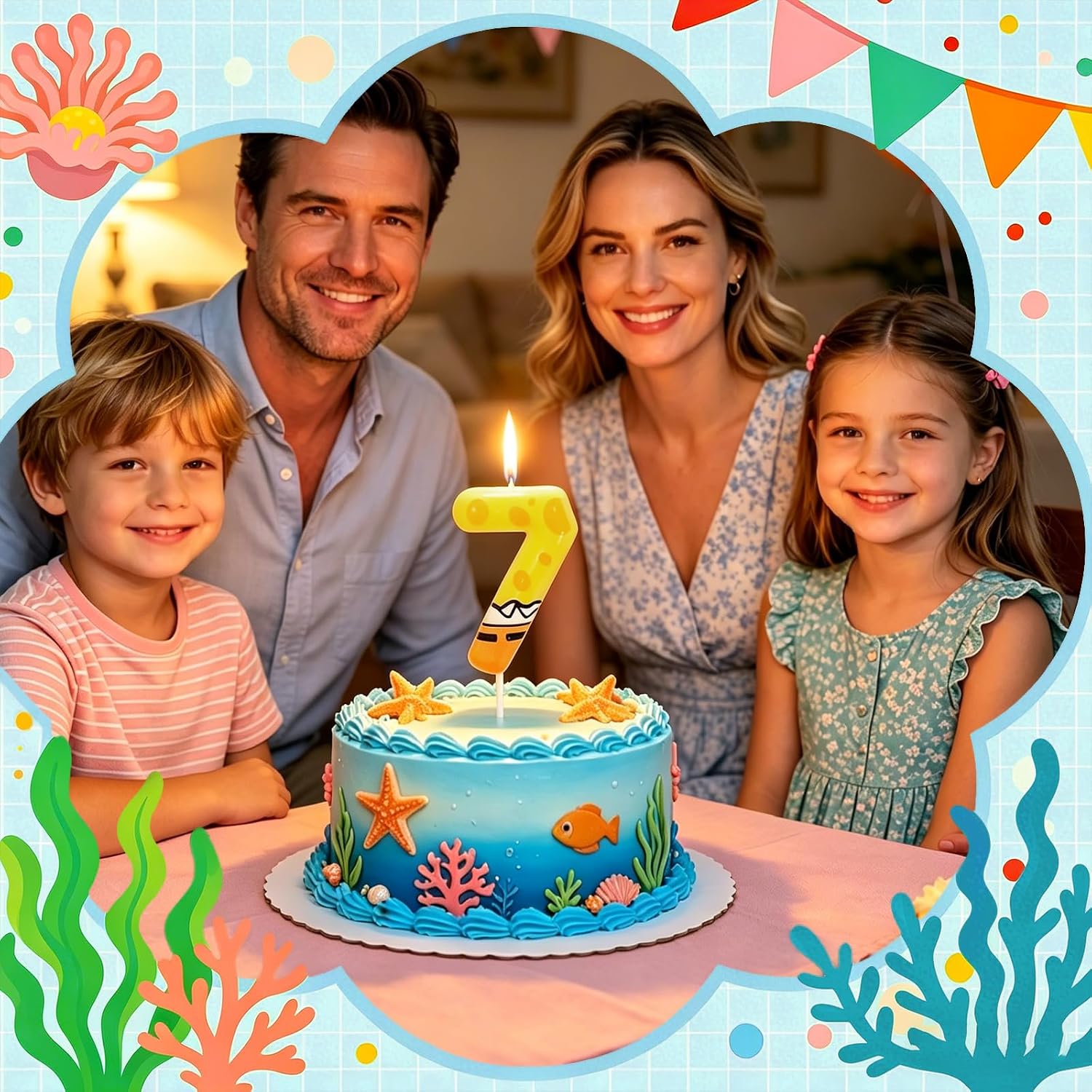 7th Birthday Candle Colorful Number 7 Cake Topper Ocean Theme Party Decor (Sponge 7)