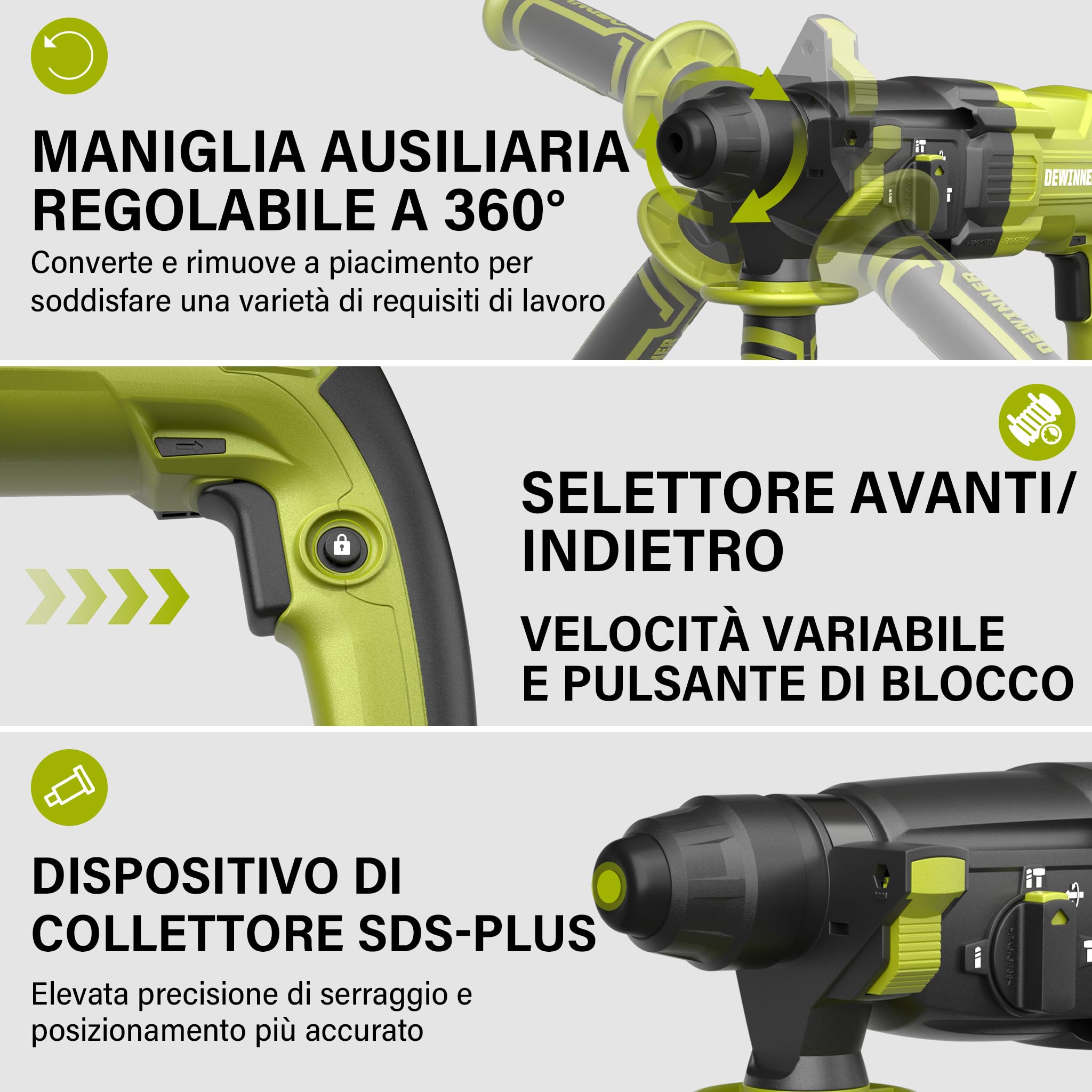 DEWINNER Martello Perforatore 1100 W 3.4 J, 0-1500 RPM/5500 BPM con 4 Funzioni e Frizione di Sicurezza, 20 Accessori tra cui Cemento Seghe a Tazza, Velocità Variabile, Cemento, Acciaio, Legno