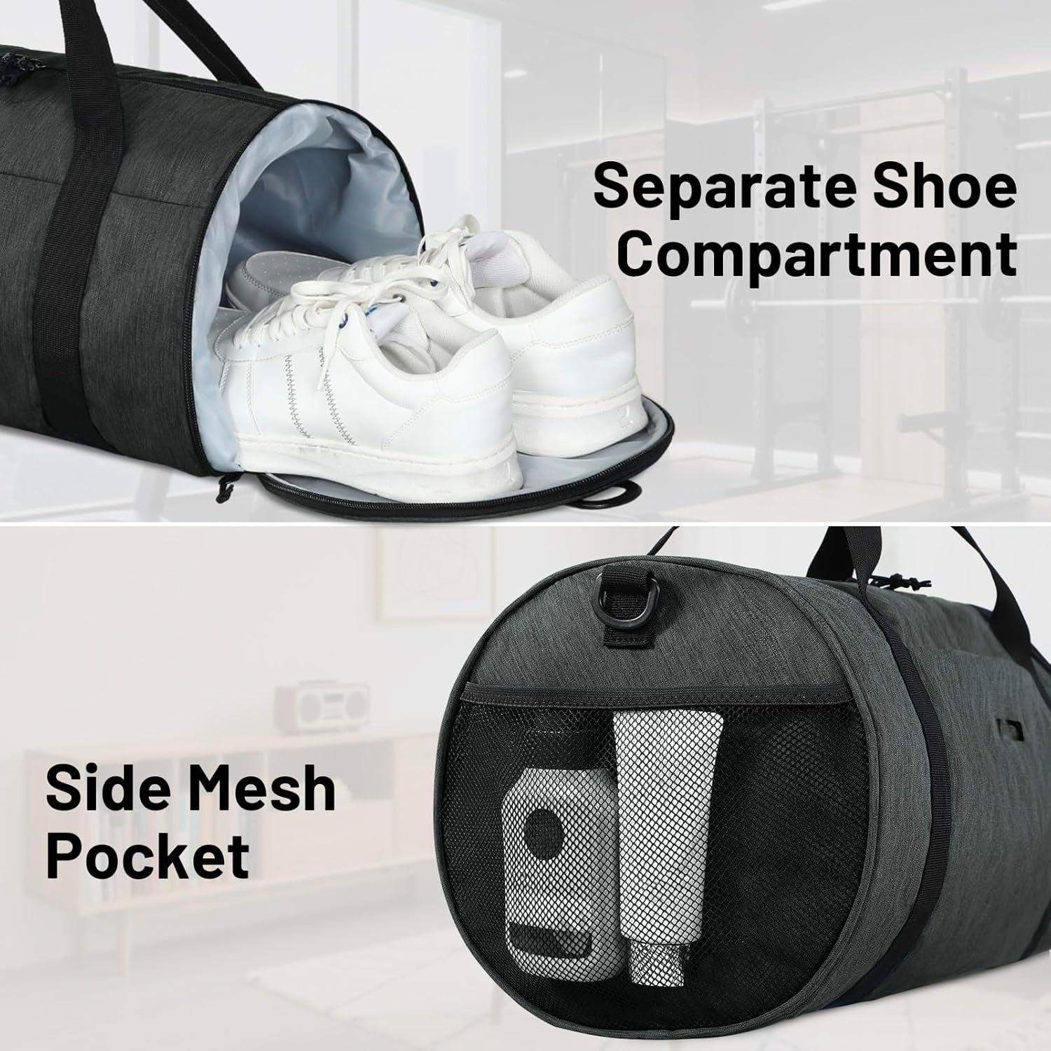 MIER Gym Bag Round Duffle Bag with Shoe Compartment & Wet Pocket, Lightweight Carry on Duffel for Men Women Workout Fitness Travel Sports, 24L, Dark Gray - Image 3