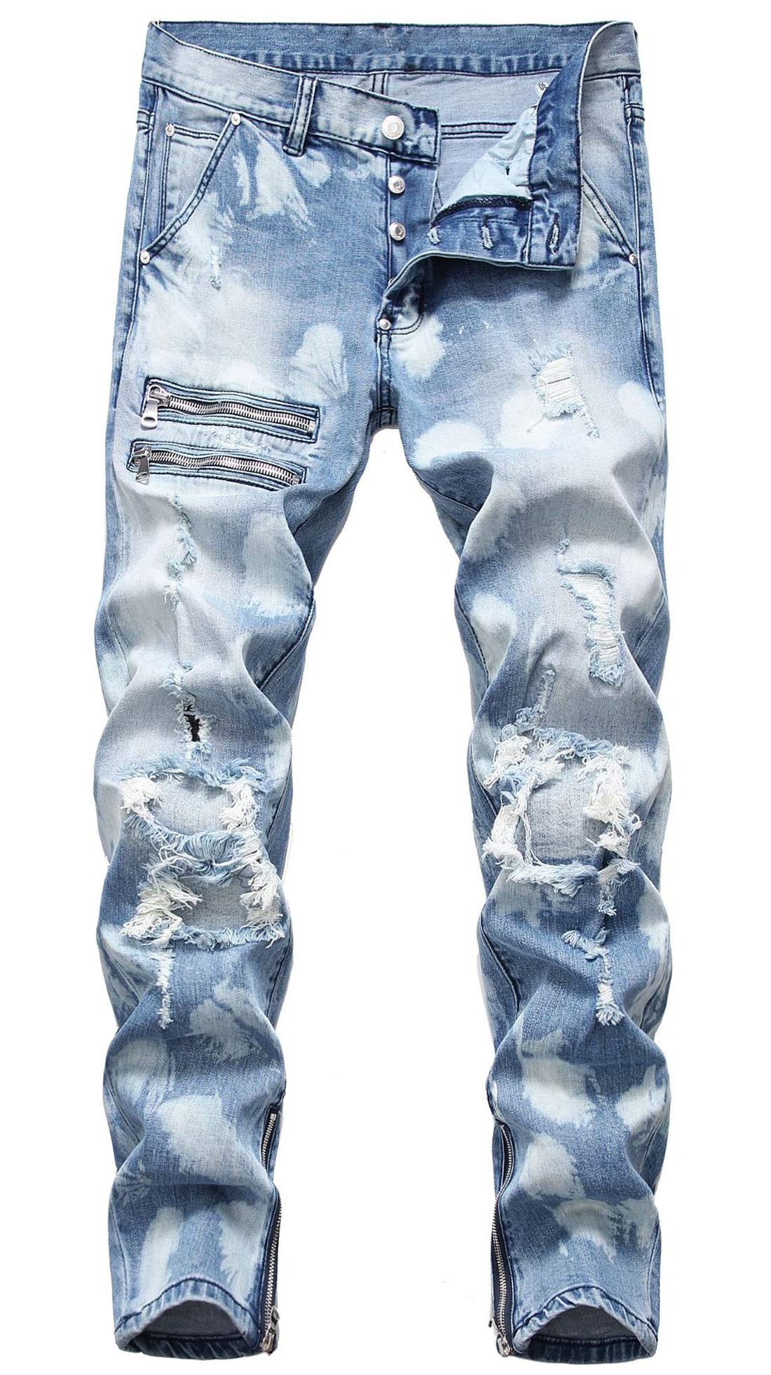 chouyatou Men's Street Performance Pattern Print Comfort Stretch Moto Ripped Denim Jeans Pant