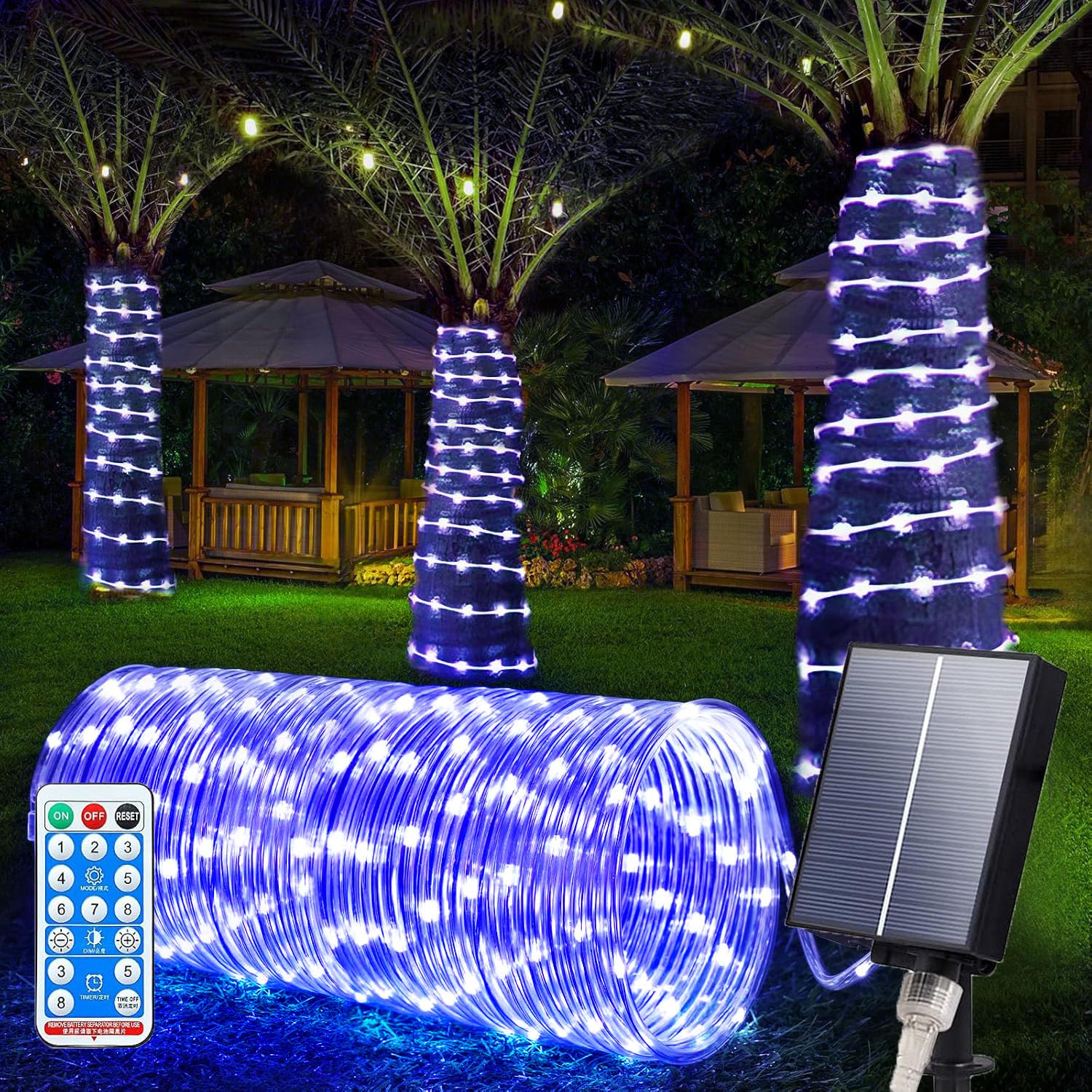 SIOOUI Outdoor Solar LED Rope Lights, IP65 Waterproof Rope Light with 8 Lighting Modes, 22m/72.1ft 200LEDs Rope Fairy Light