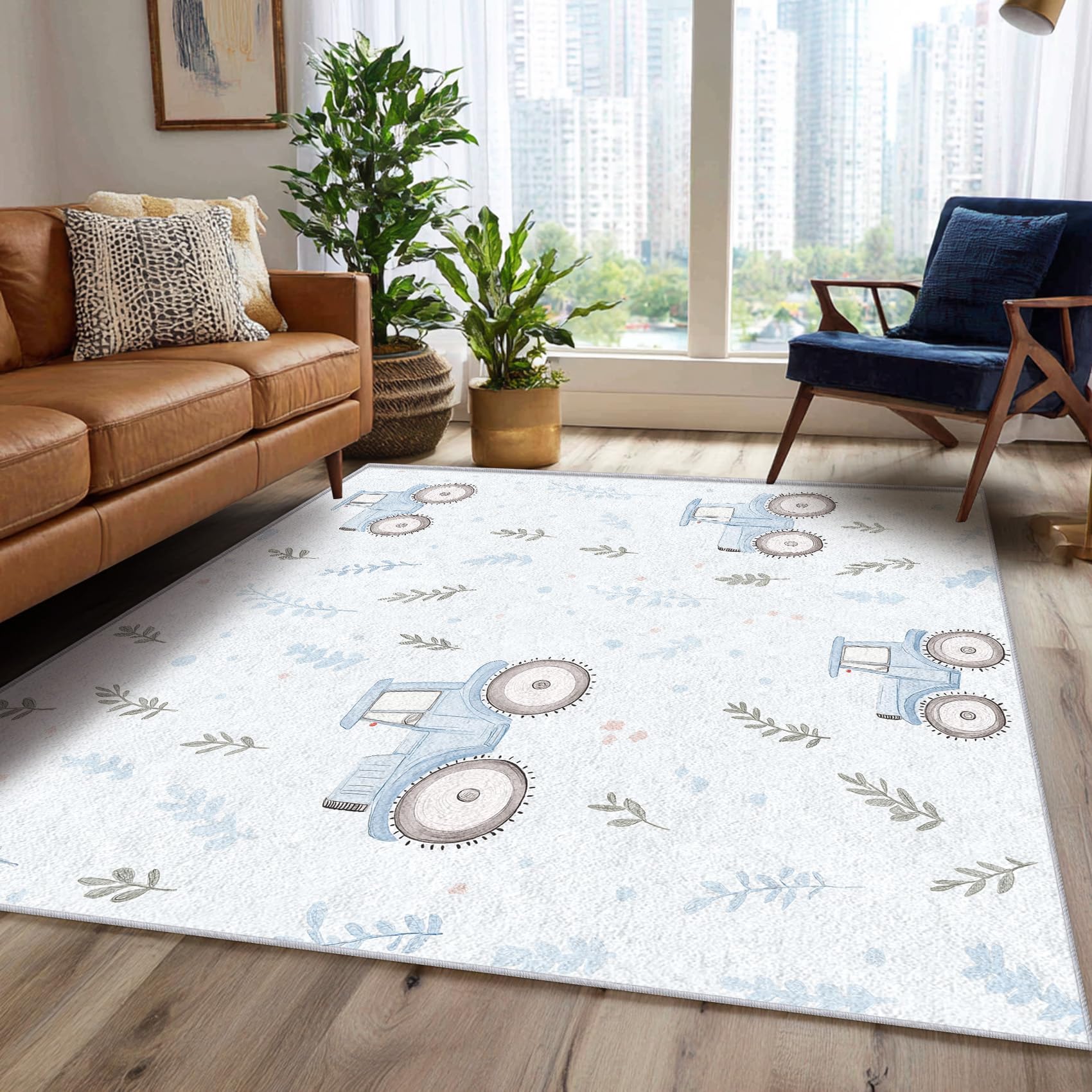 Tappeto per bambini con trattore, 120x170 cm, motivo: auto da costruzione, lavabile, antiscivolo, morbido, per cameretta dei bambini, sala giochi, soggiorno