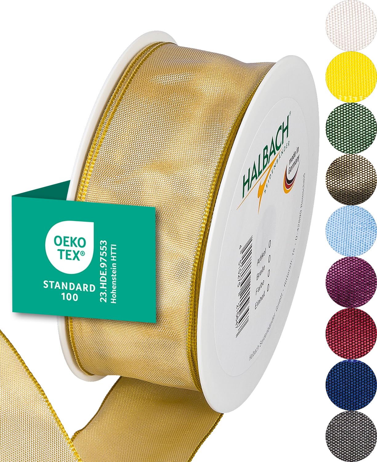 Halbach Seidenbänder Premium Geschenkband mit Drahtkante | Breite 40mm Länge 25m | Öko-Tex 100 zertifiziertes Schleifenband | Taftband Made in Germany, Farbe: dunkelgelb