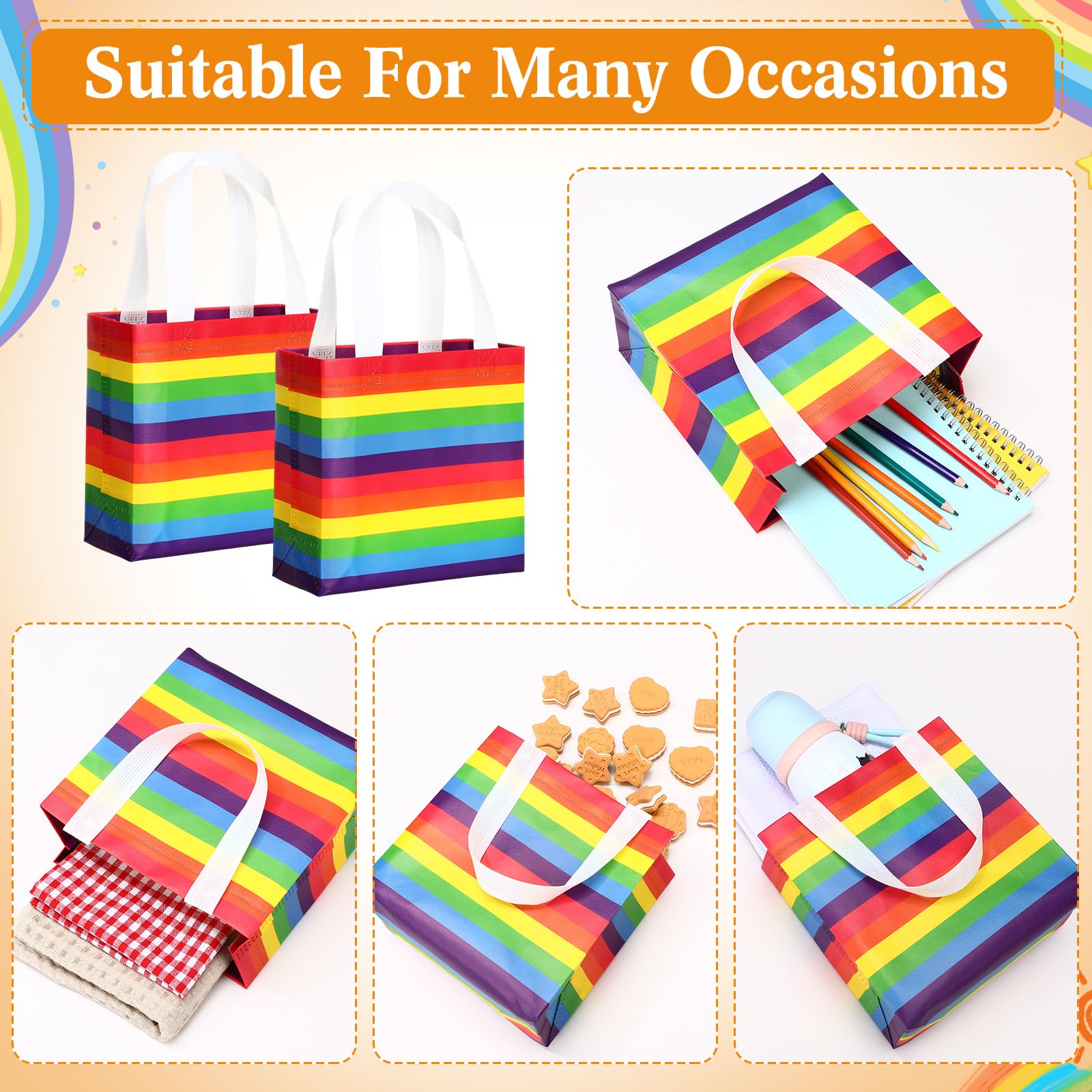 50 Pcs Gay Pride Day Gift Bags Bulk Reusable Tote Bags with Handle, Rainbow Striped Non Woven Flat Bottom Tote for Wedding Birthday Lgbt Awareness Month Party Supplies (Rainbow)
