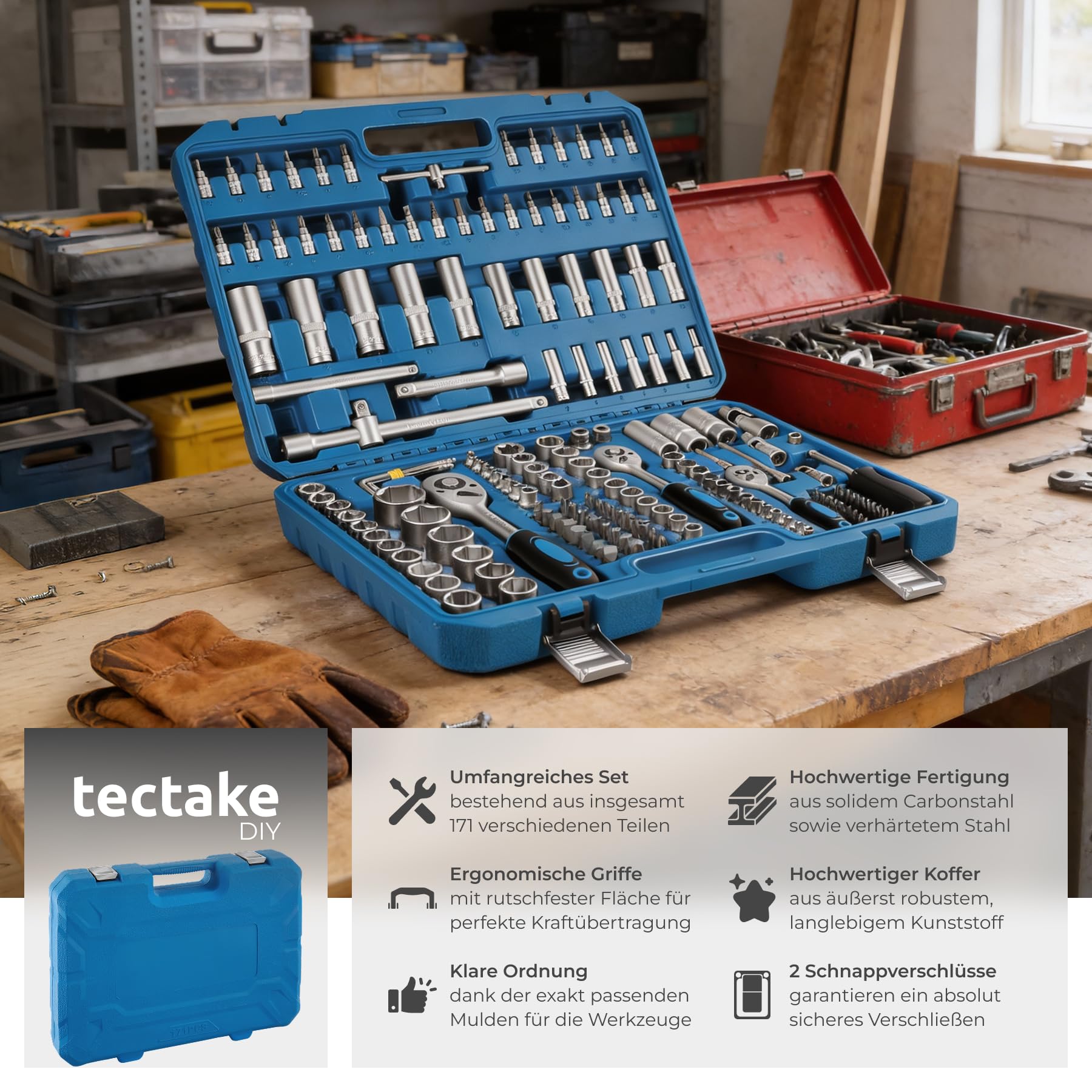 tectake® 171 tlg. Knarrenkasten 1/4, 3/8 und 1/2 Zoll Nusskasten, Ratschenkasten, Steckschlüssel Set, Werkzeugkoffer gefüllt, Ratschenschlüssel Set, Werkzeug Set aus Chrom Vanadium Stahl, Heimwerken