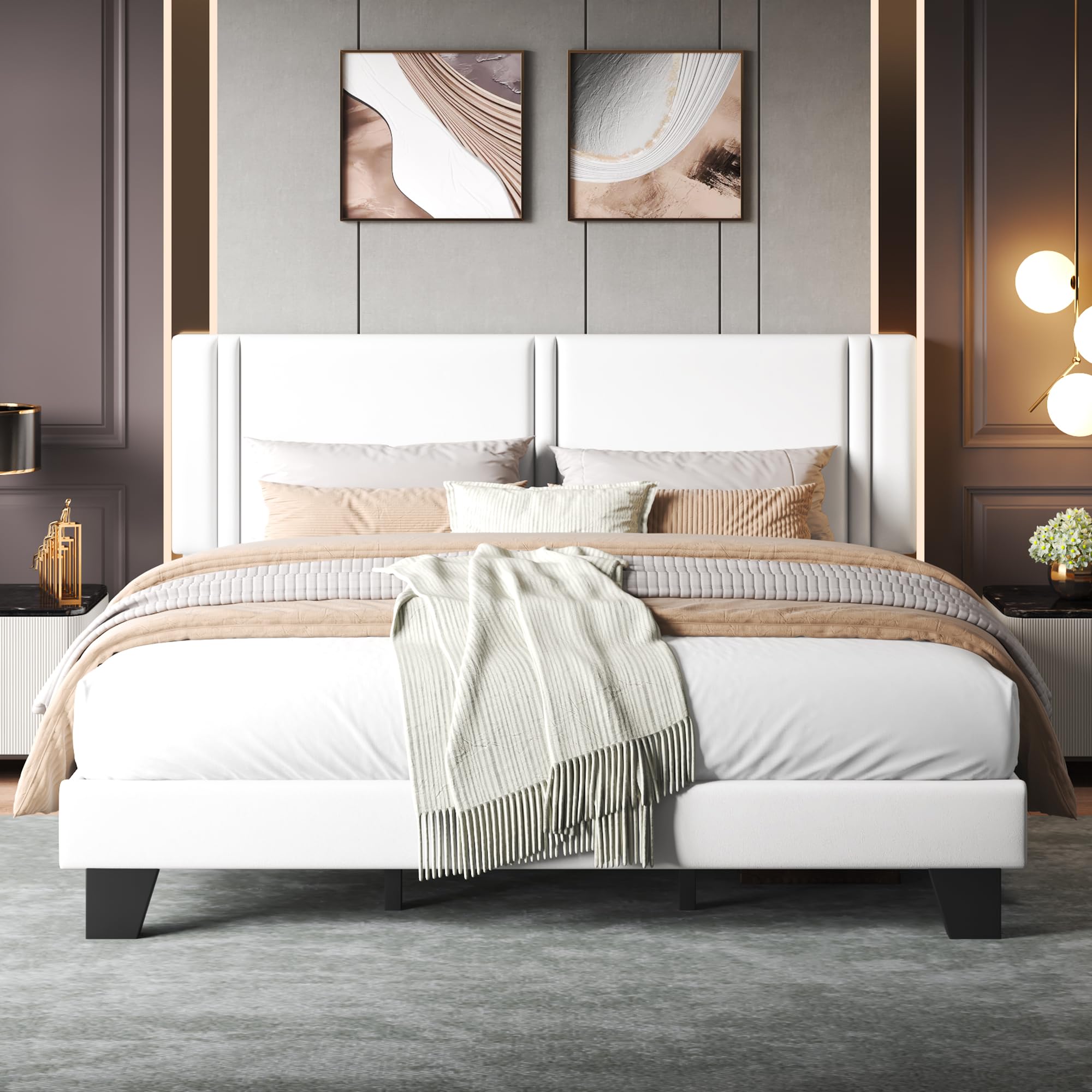 Einhomn Upholstered King Size Bed Frame with Linen Fabric Headboard, Strong Wooden Slats Support, Noise Free, No Box Spring Needed, White