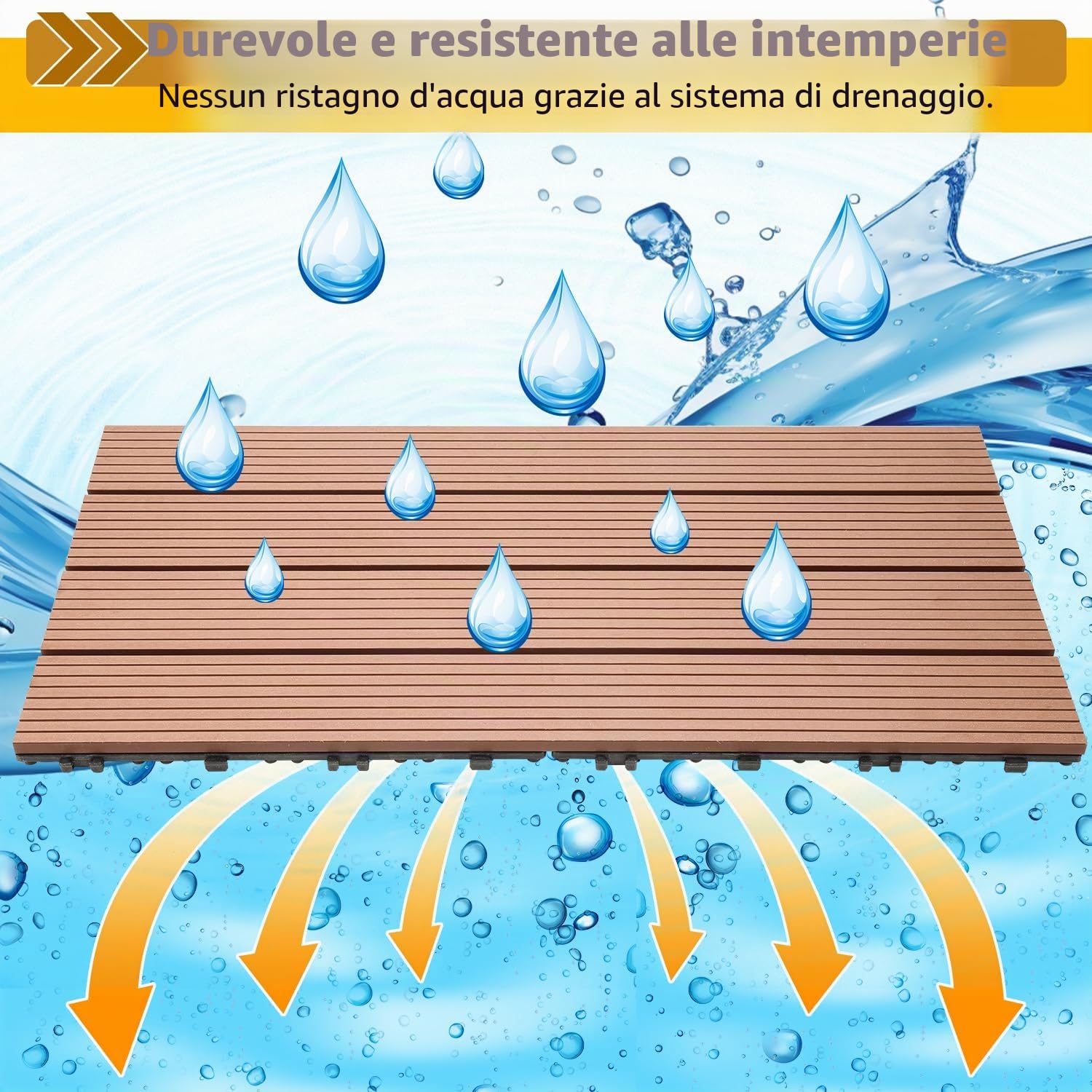 Ikodm Piastrelle in Plastica Composita WPC, 30x60cm60 Pezzi 10m² Pavimentazione in Plastica-legno all'aperto con Drenaggio e Sistema Plug-in, Antiscivolo, Marron
