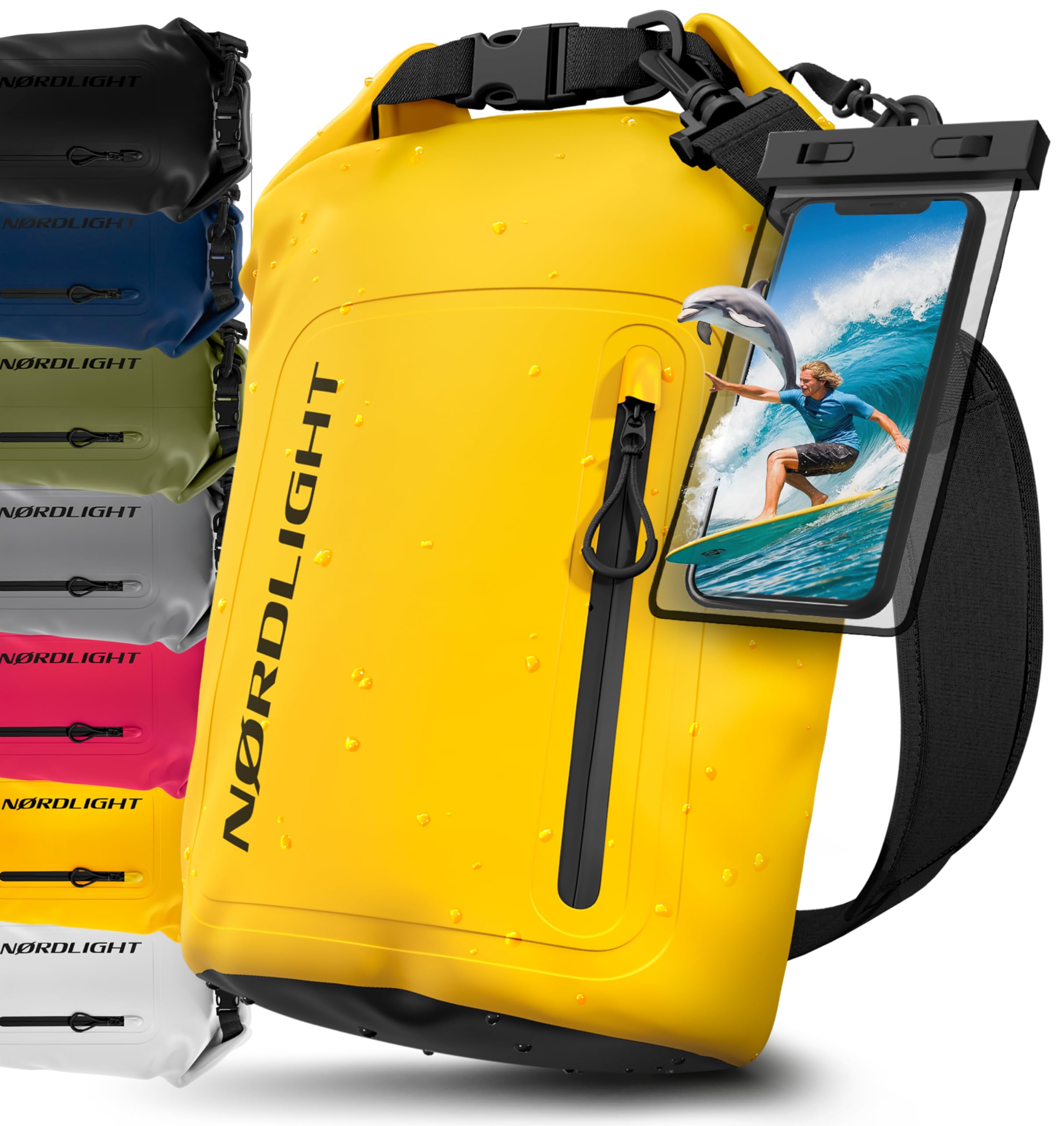Nordlight Bolsa Estanca Impermeable + Funda para Móvil, Cierre Enrollable, Correa para Hombro | Drybag Mochila Impermea…