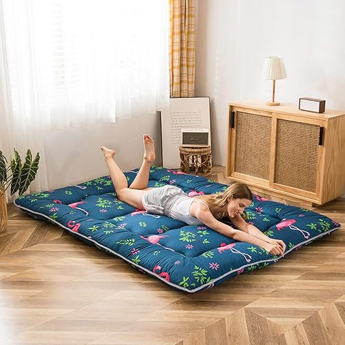 Miniatura 138 de MAXYOYO El mármol negro imprimió el futón japonés, la almohadilla de dormir espesa enrolla el colchón que acampa Mármol negro,Flor 1,floral azul