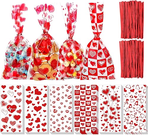 Zonon 125 bolsas de regalo de San Valentín, celofán, bolsas de galletas de caramelo con 200 lazos giratorios para suministros de fiesta de boda, 5