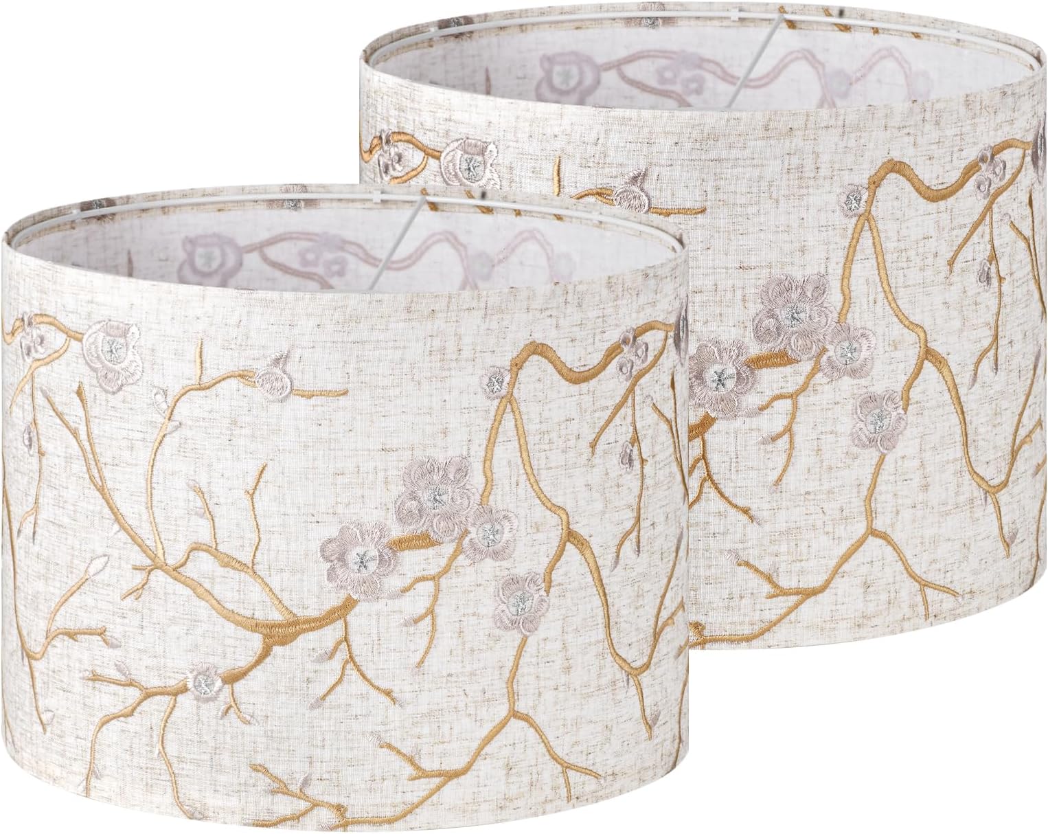 2-Pack 13 Inch Drum Lamp Shades, Gold Branch Embroidered Linen Lampshades,Modern Botanical Embroidery Fabric Replacement Shades （13" Top x 13" Bottom x 10" High）for Table Lamps,Floor Lamps,Pendants