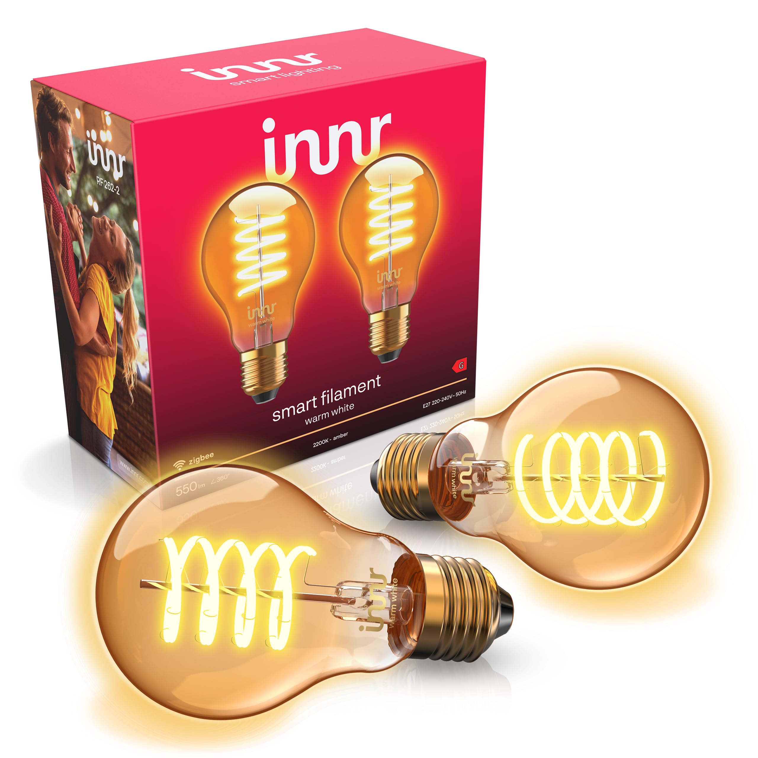 innr innr Zigbee E27 Smart Lampe, funktioniert mit Alexa und Hue* (Bridge erforderlich), Filament LED Glühbirne, Warmweiß, Dimmbar, Smart Home Lampe, 550lm, 2 Stück
