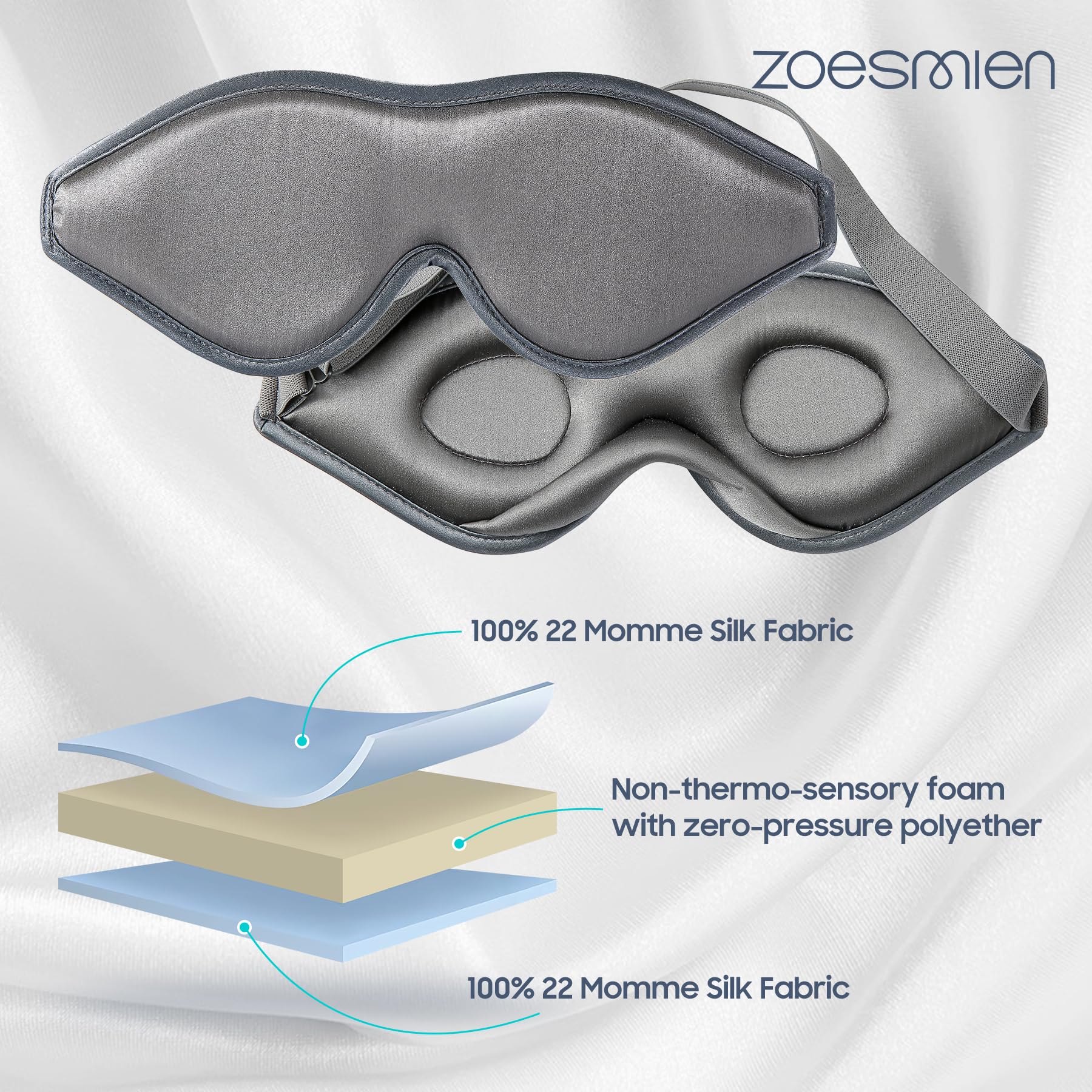 Antifaz Para Dormir Seda De Morera Con Correa Ajustable, Máscara Ojos 3D Y , Siesta Viaje Bolsa Viaje, Paquete Regalo, Mujeres Hombres, Gris