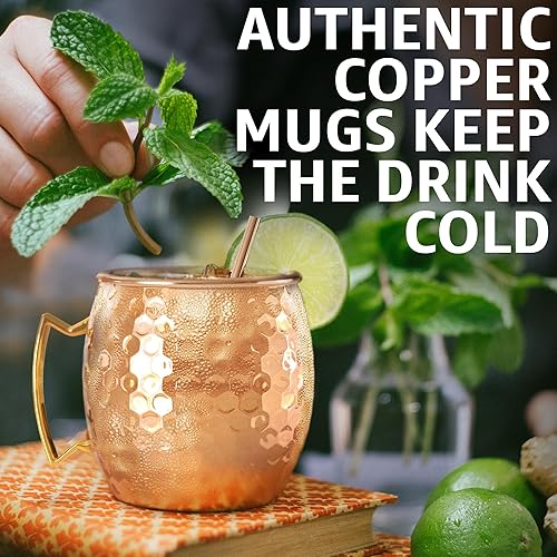 Miniatura 5 de Moscow Mule jarras de cobre - juego de 4 - 100 % ARTESANAL – Jarras de cobre macizo aptas para alimentos - Juego de regalo de 16 onzas con REGALO: