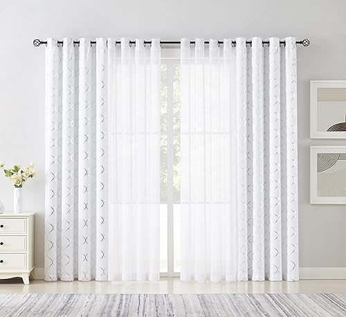 Miniatura 8 de Bujasso Juego de 4 cortinas opacas blancas de lujo, para combinar con patrón geométrico plateado, para oscurecer la habitación y cortinas