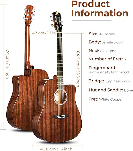 Miniatura 2 de Vangoa Flauta de sartén de 16 tubos y guitarra acústica Sapele