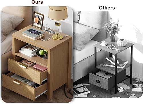 Miniatura 7 de Furnulem Mesita de noche con estación de carga, mesita de noche decorativa con 2 cajones y estante de almacenamiento, mesa de noche con cajón