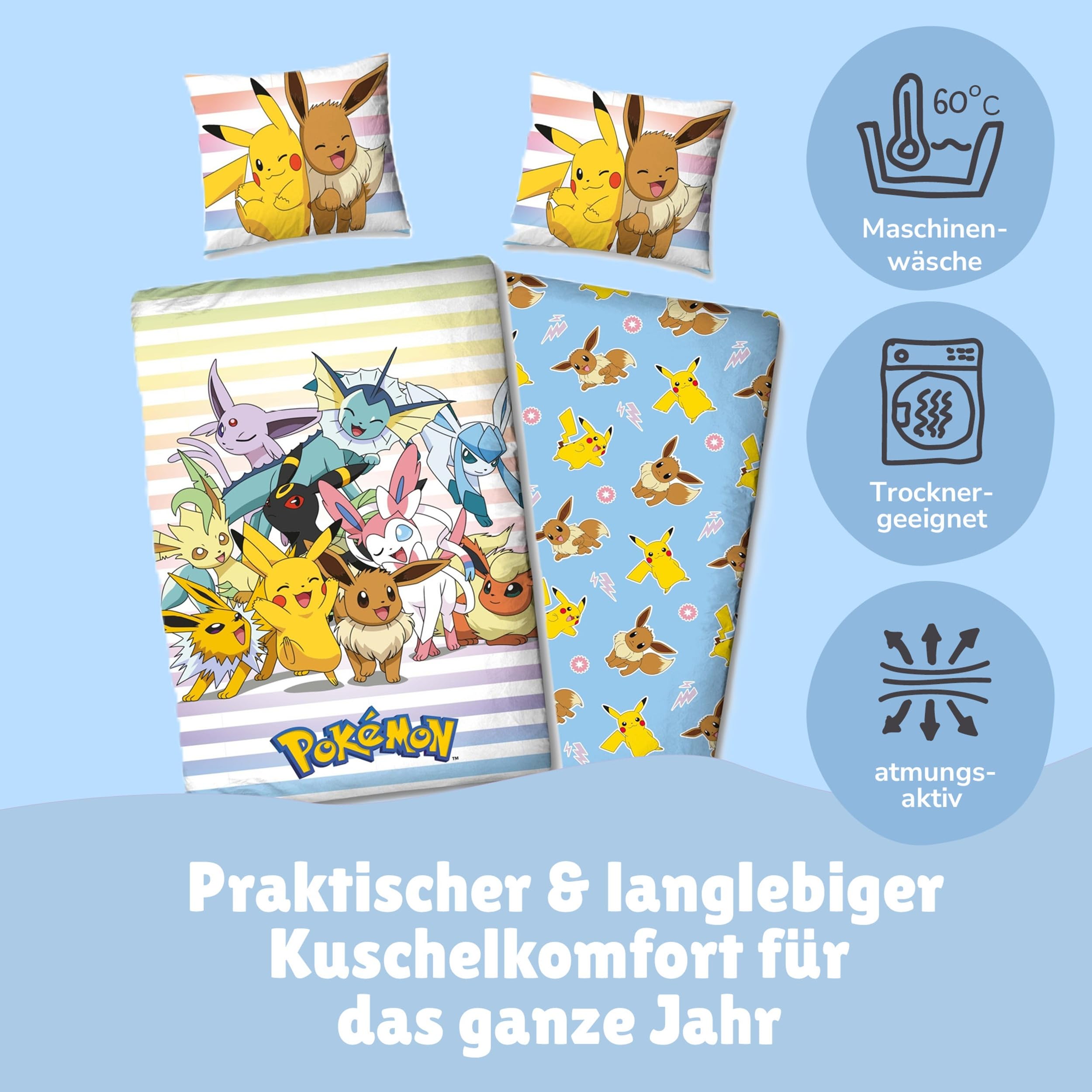 Familando – Pokémon Bettwäsche Set (2-teilig) – Decken- & Kissenbezug 135x200 cm & 80x80 cm mit Reißverschluss – Wendemotiv mit Pikachu & Evoli – 100% Baumwolle – Farbecht & pflegeleicht - Öko-Tex