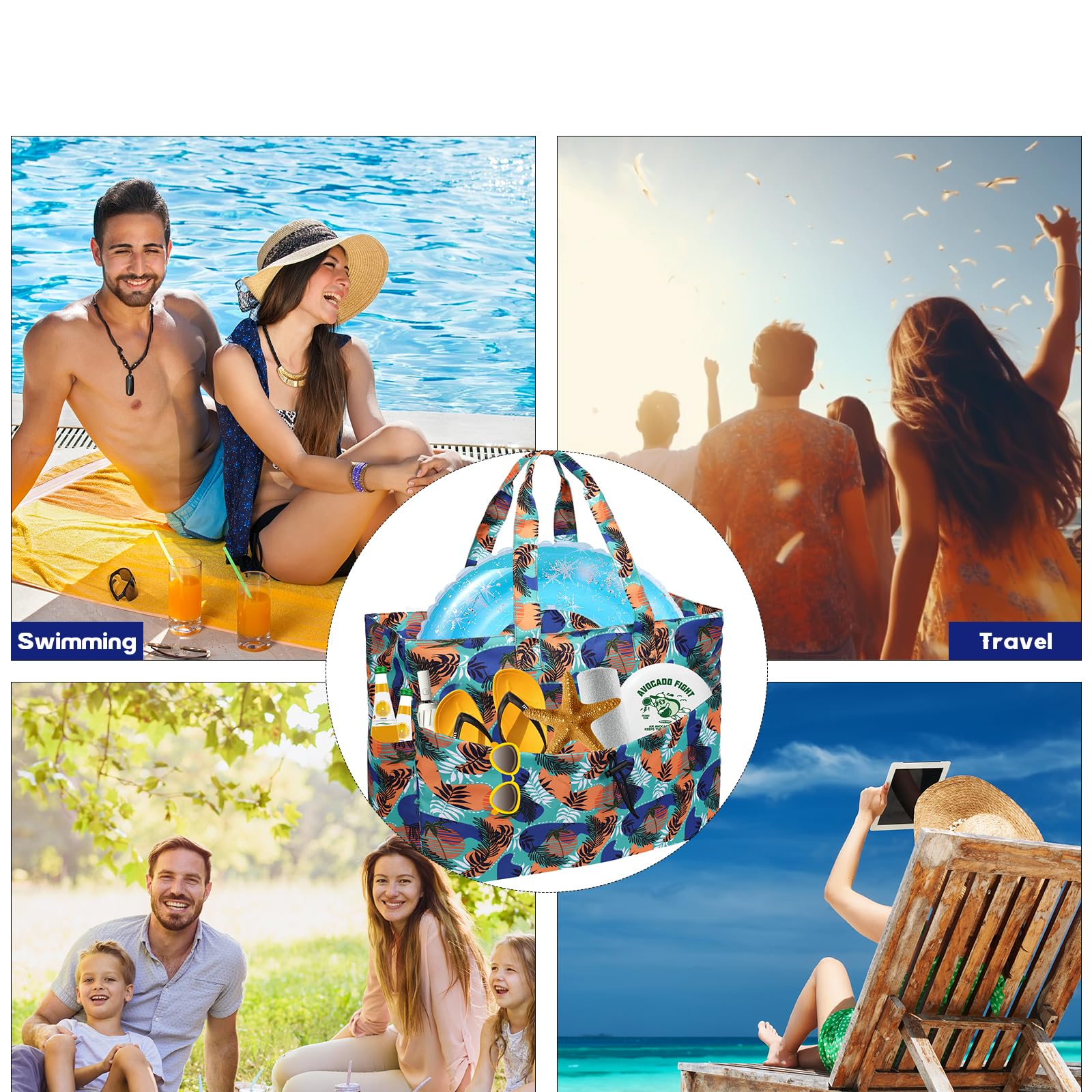 Duża torba plażowa damska z rodziną XXL, z zamkiem błyskawicznym, wodoszczelna, duża torba plażowa, dla kobiet i mężczyzn, torba kąpielowa, na basen, do sauny, na piknik, urlop, Niebieska