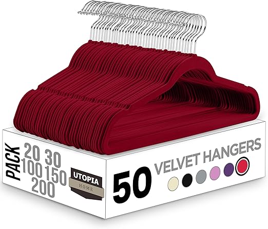 Utopia Home Velvet Hangers 50 Pack - Non-Slip Suit Hangers with 360 Degree Rotatable Hook - for Pants, Coats, Shirts & More (Burgundy)