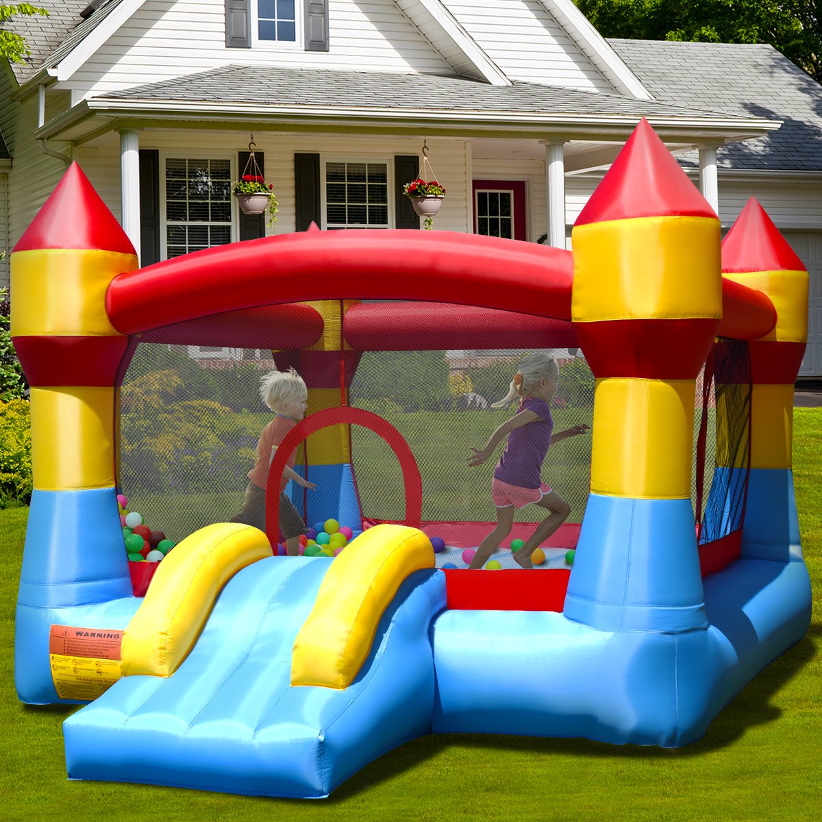 COSTWAY Castello Gonfiabile Castello di Gioco con Scivolo per Bambini da Esterno Giardino 370 x 280 x 230 cm