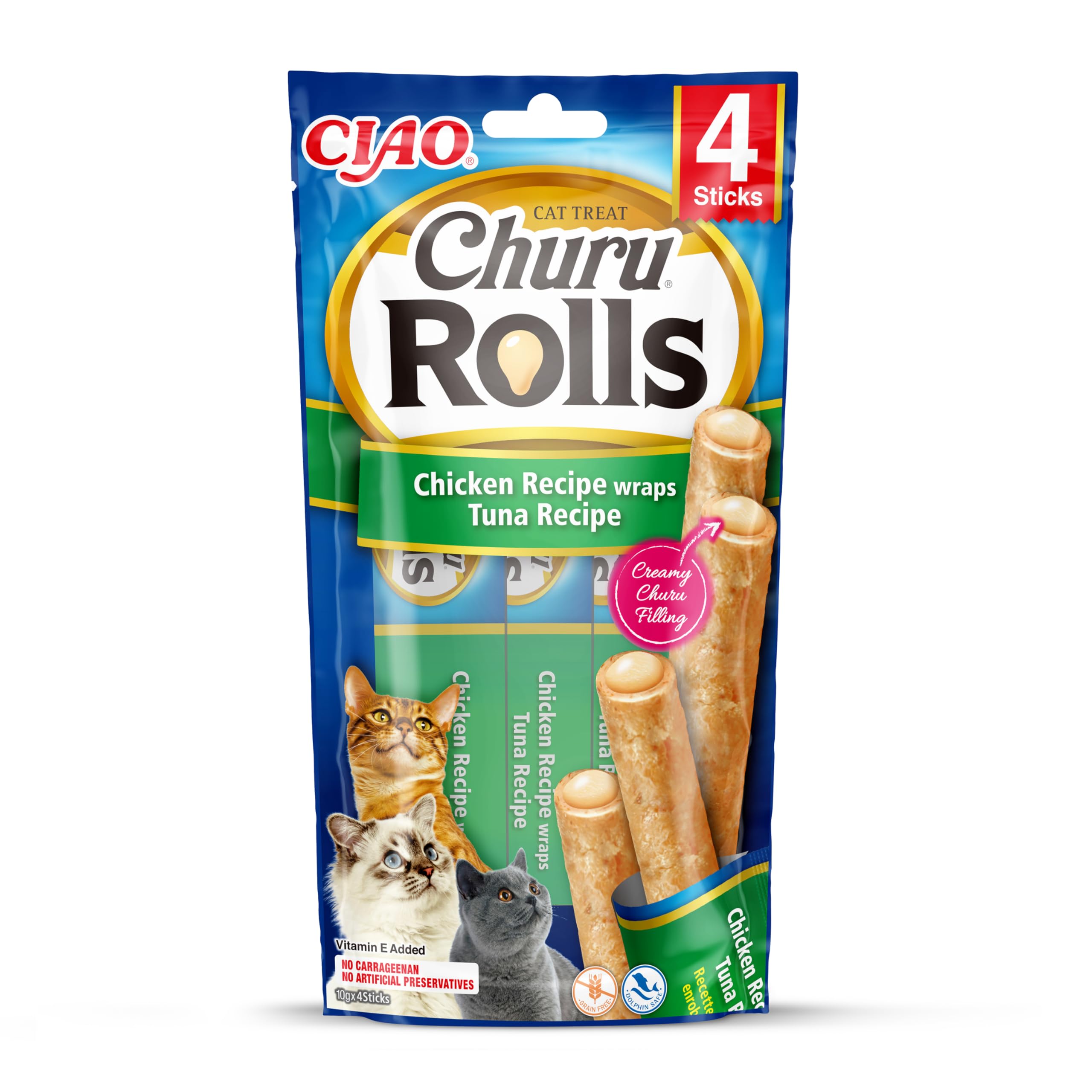 Ciao Churu Rolls by INABA Cat Treat - Chicken & Tuna Flavour (4 x 10g) / Crispy Sticks with Creamy Filling Cat Treat, Delicious & Healthy Snack, Hand Feeding, Natural, Grain Free
