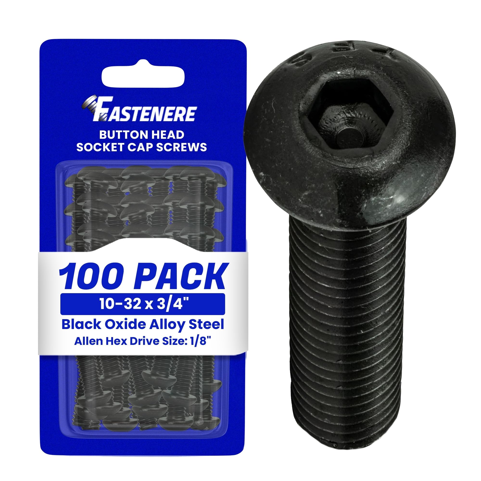 Fastenere Button Head Socket Cap Screws - 10-32 x 3/4" (100-Pcs) Alloy Steel, Fully Threaded, Fine Black Oxide Finish, Corrosion-Resistant, Machine
