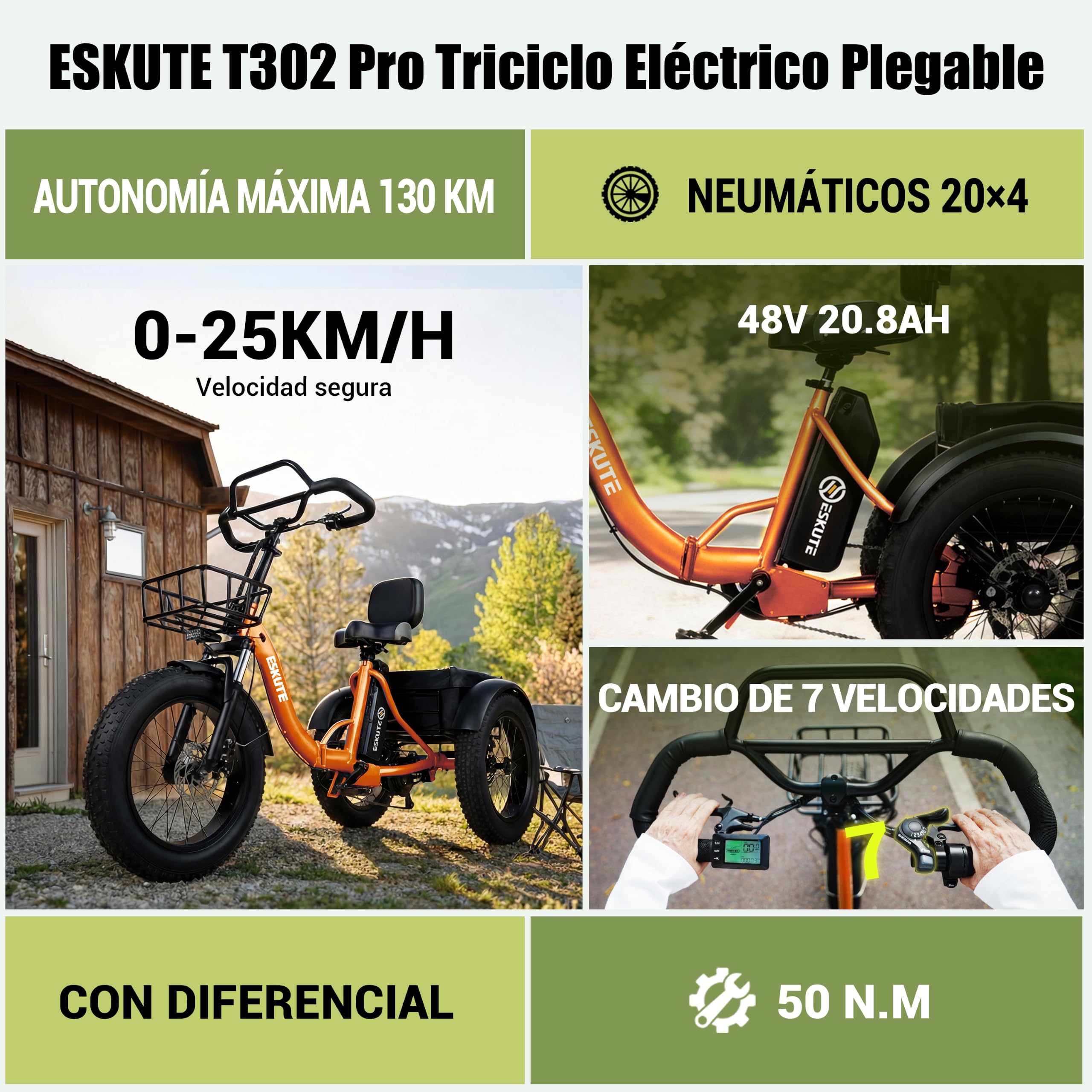 ESKUTE Triciclo eléctrico para adultos T302 Pro, Fat Bike eléctrica 20 × 4.0, plegable, con batería extraíble de 48 V y 20,8 Ah, eBike de tres ruedas con motor de 65 Nm, cambio de 7 velocidades