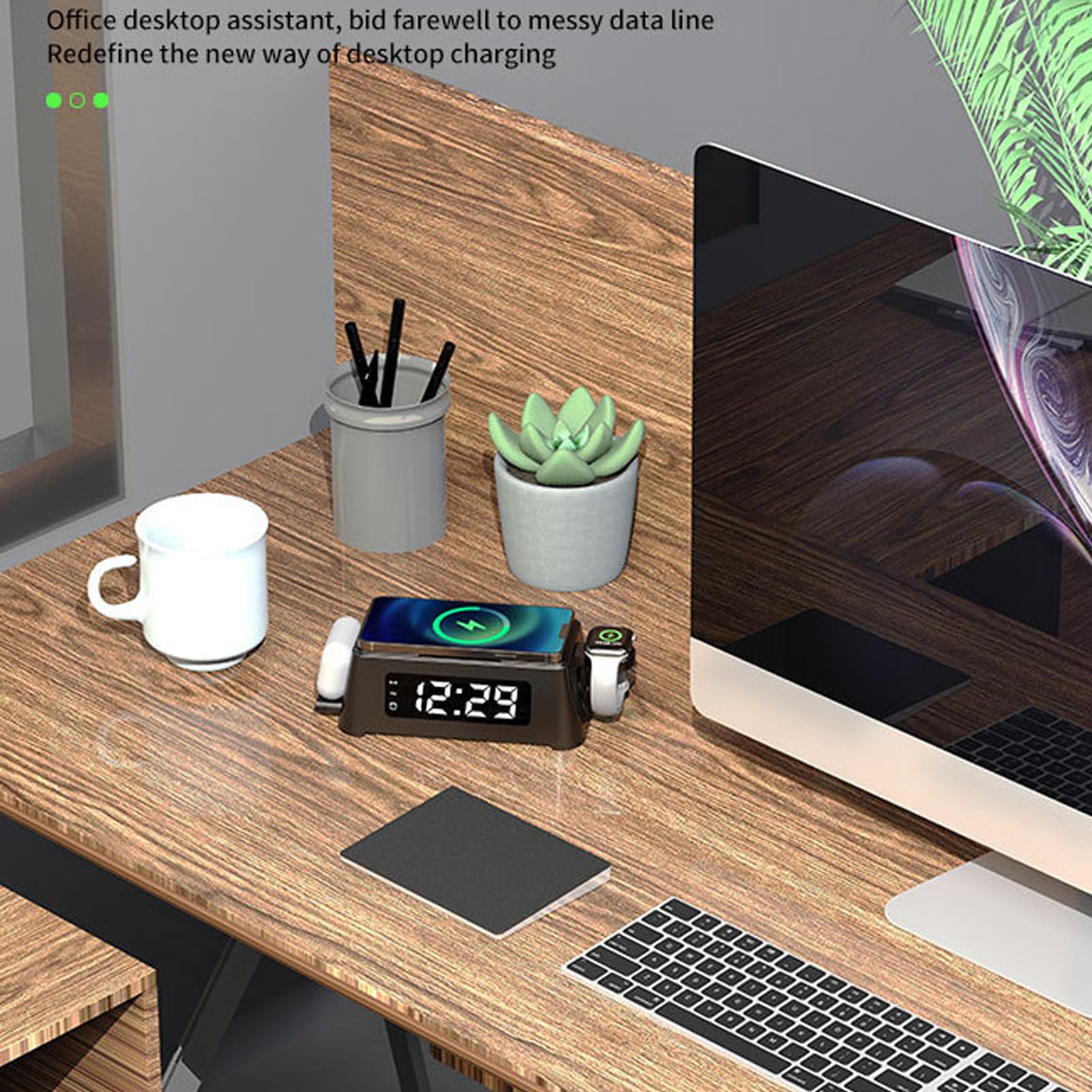 Cryfokt 6 in 1 Wireless Charging Station with Clock and Display | Supporta auricolari, ricarica smartwatch, display LED chiaro, design compatto, controlli di navigazione semplici