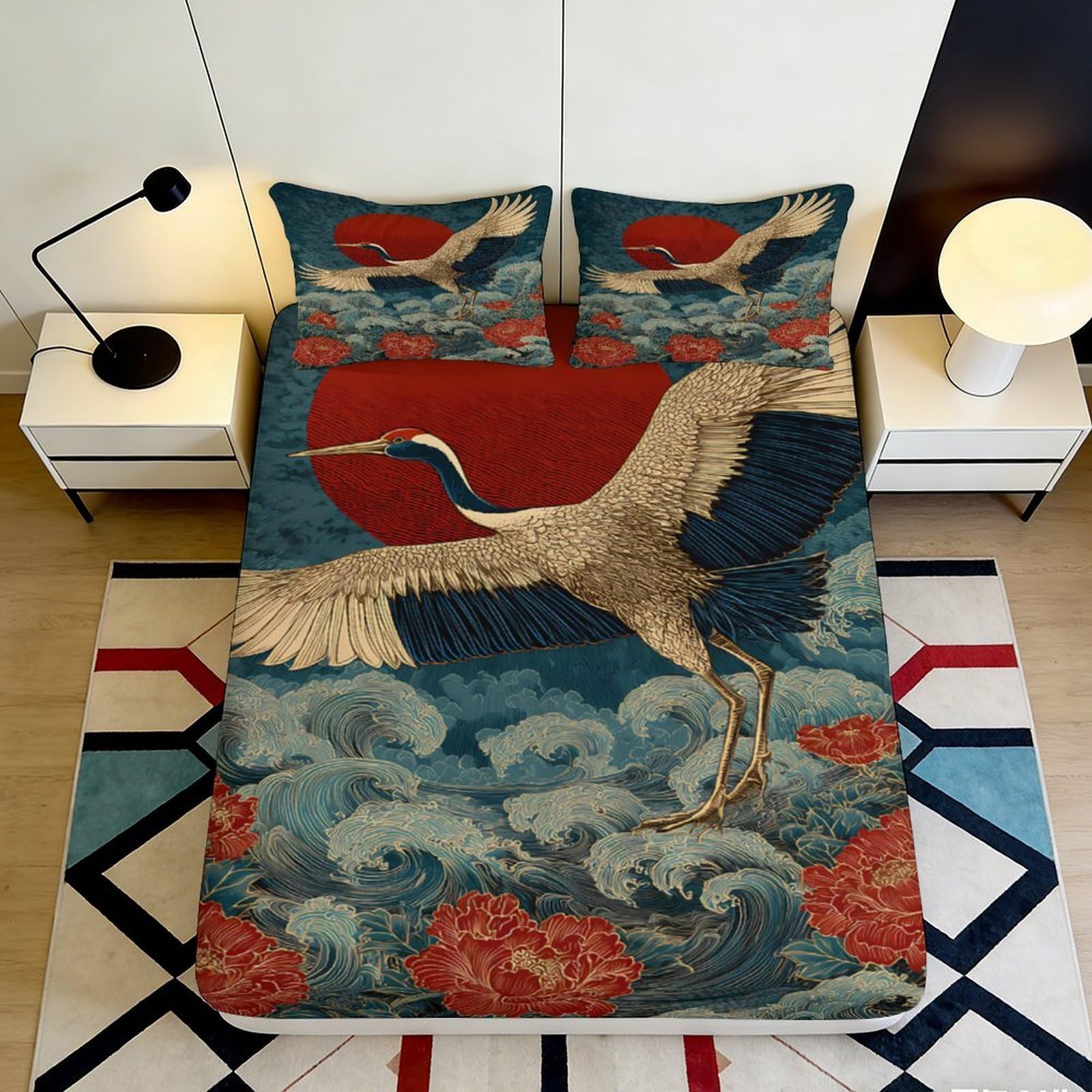 3D Printed Flying Crane Fitted Sheet Microfiber Soft Durable Red Sun Bed Cover for Bedroom Dormitory Guest Room Protective Mattress Decor 120x200x25cm