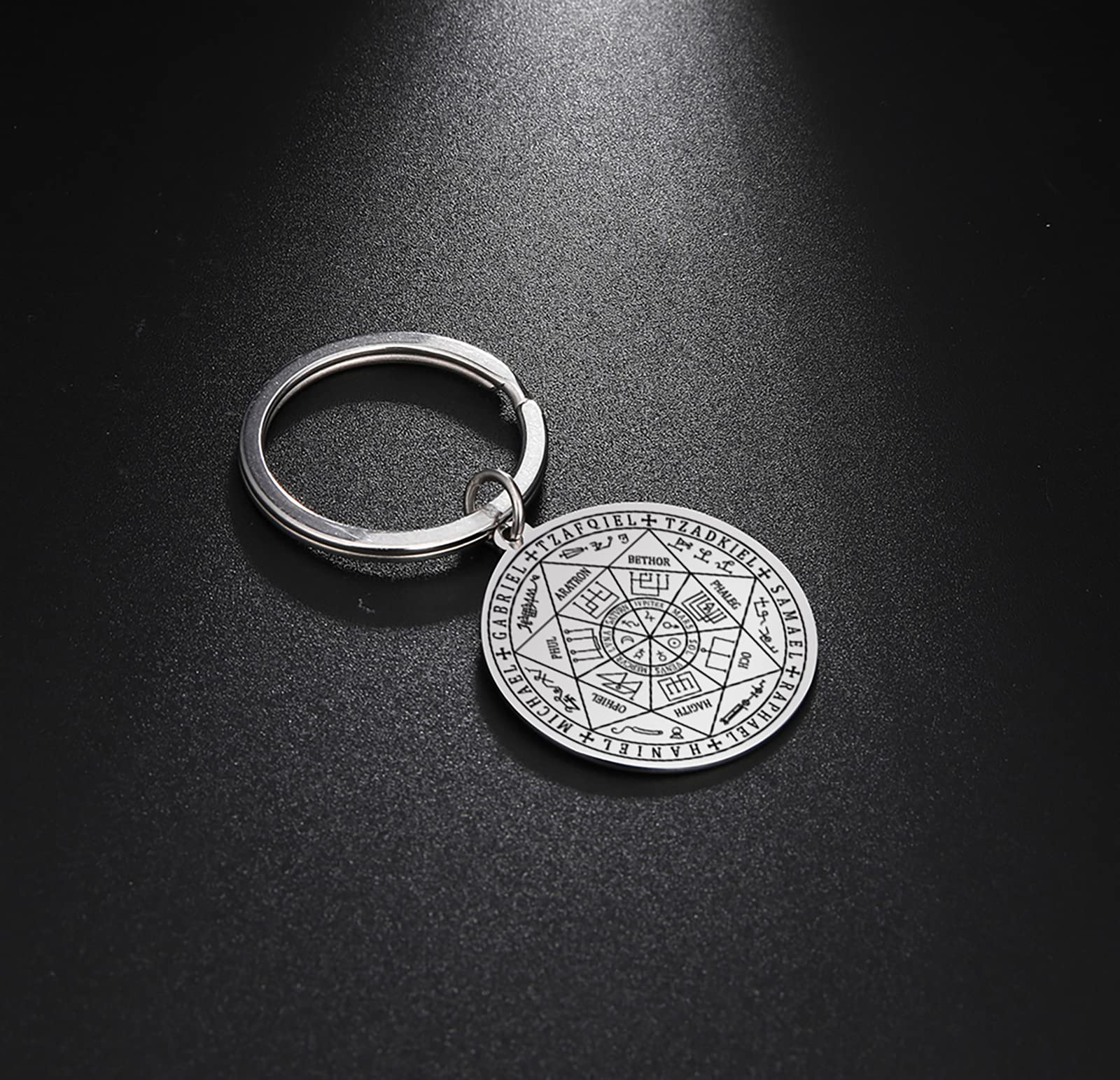 SIPURIS Keychain for Men Women,The Seal of The Seven Archangels Keychain Stainless Steel Seal Solomon Kabbalah Key Ring Talisman Protection Jewerly (Sliver)