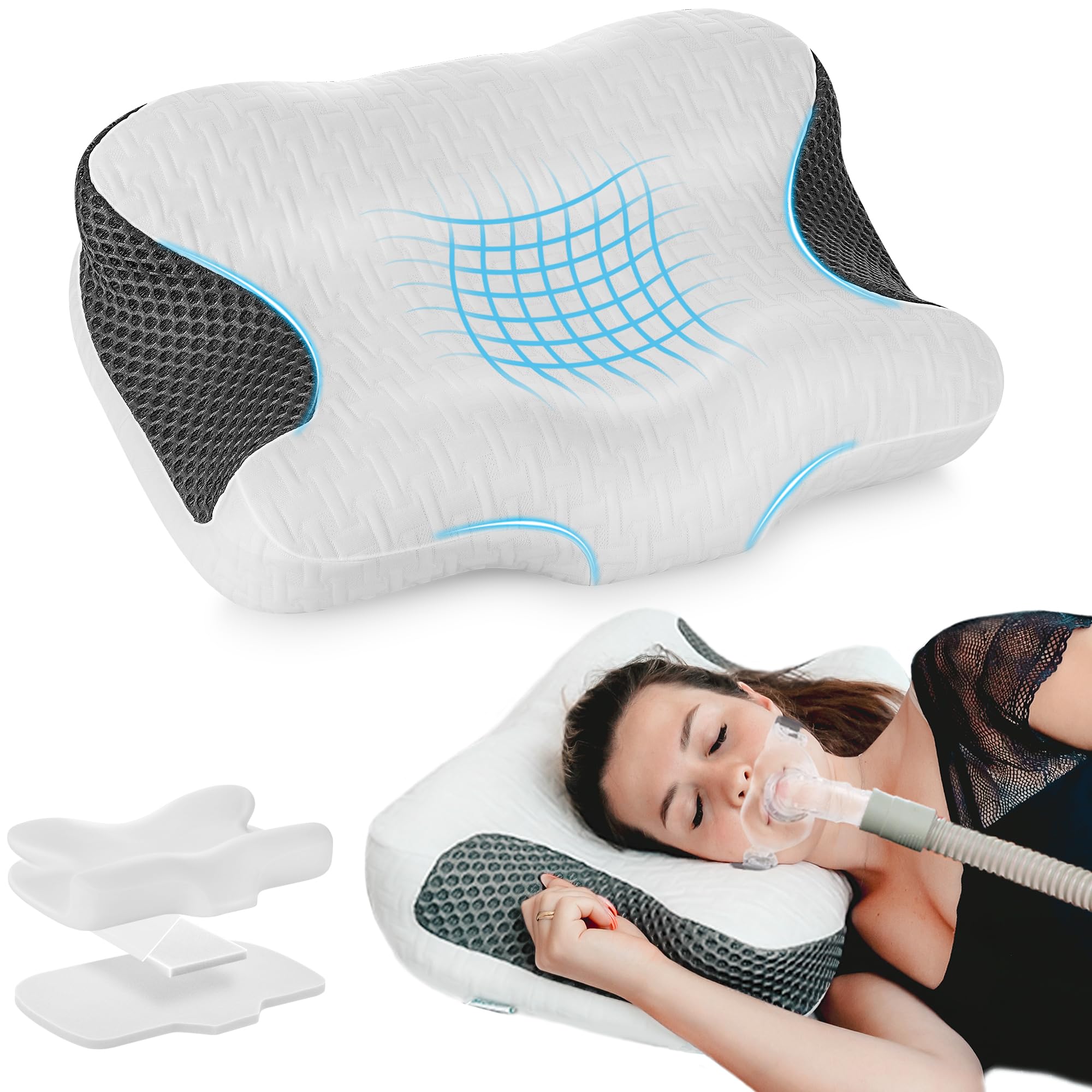Elviros Cuscino CPAP Cervicale, Cuscino Ergonomico Memory Foam Altezza Durezza Regolabili, Compatibile Con Diverse Maschere CPAP, Riduce Pressione Perdite D’Aria, per Dormire Sul Fianco o Schiena