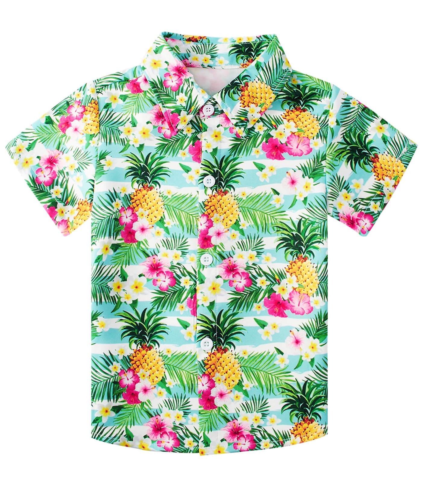 RAISEVERN Boys Button Down Shirts Hawaiian Cartoon Print Slim-Fit Short Sleeve Cool Dress Shirt Cute Top for Kids(2-10T)