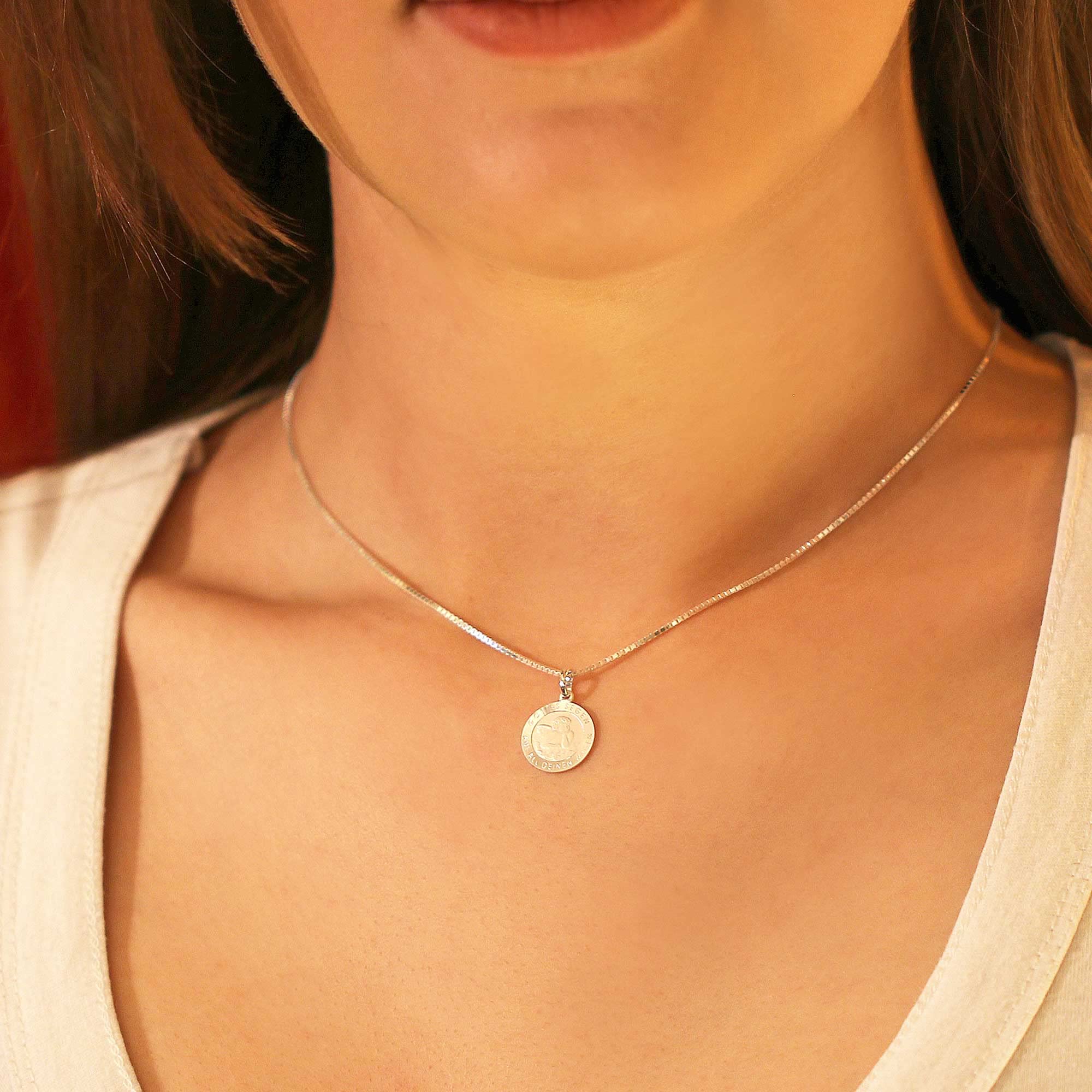 CLEVER SCHMUCK Taufkette Anhänger für Kinder Engel 19 mm Gottes Segen Rückseite Zur heiligen Taufe & Veneziakette 36 cm 925 Sterling Silber im Taufe Etui weiß