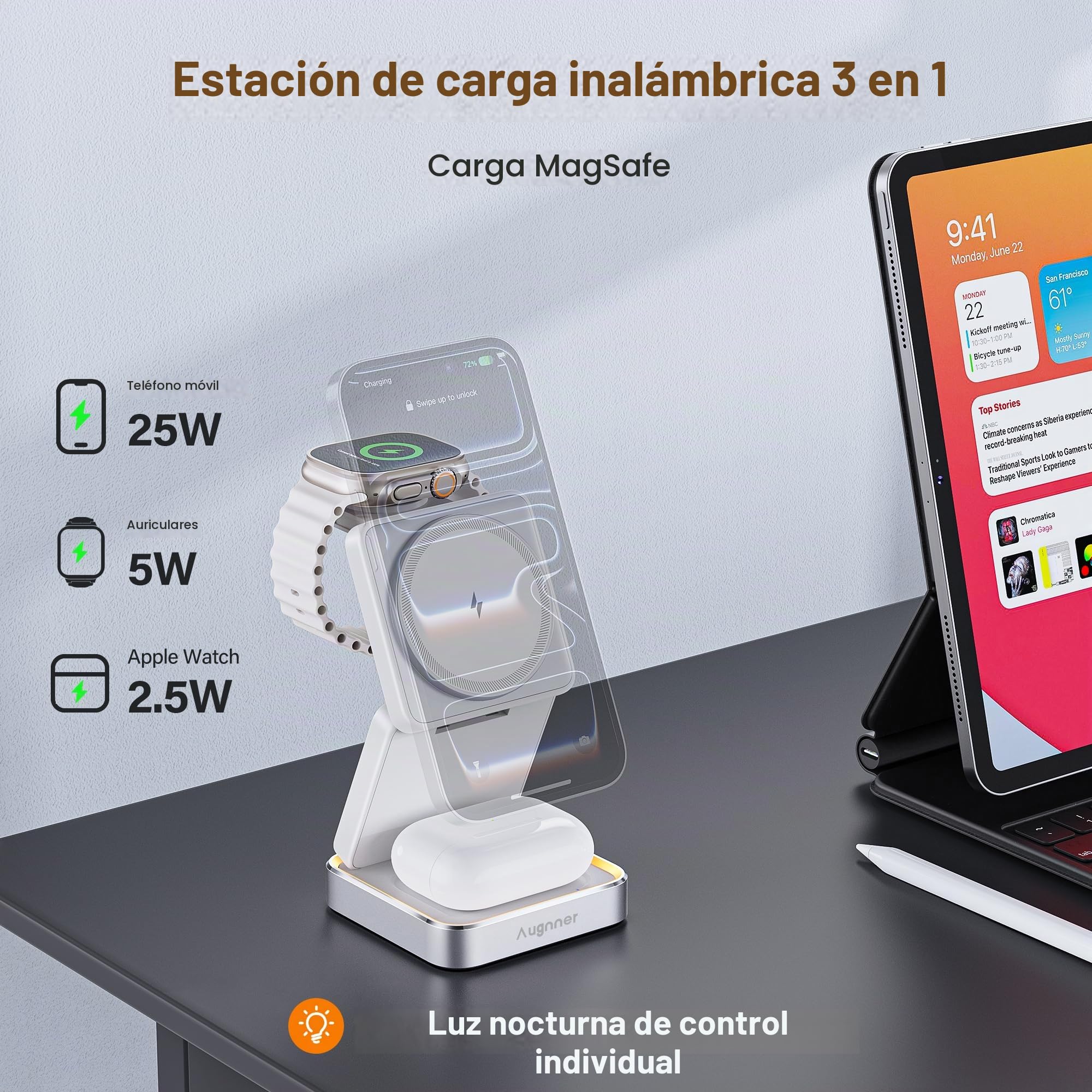 Estacion de Carga Apple 25W, Plegable Cargador Inalámbrico Rapida para iPhone 17 16 15 14 13 12, 3 en 1 Base de Carga iPhone y iWatch, Soporte de Carga de Viaje con AirPods Pro con 45W Adaptador