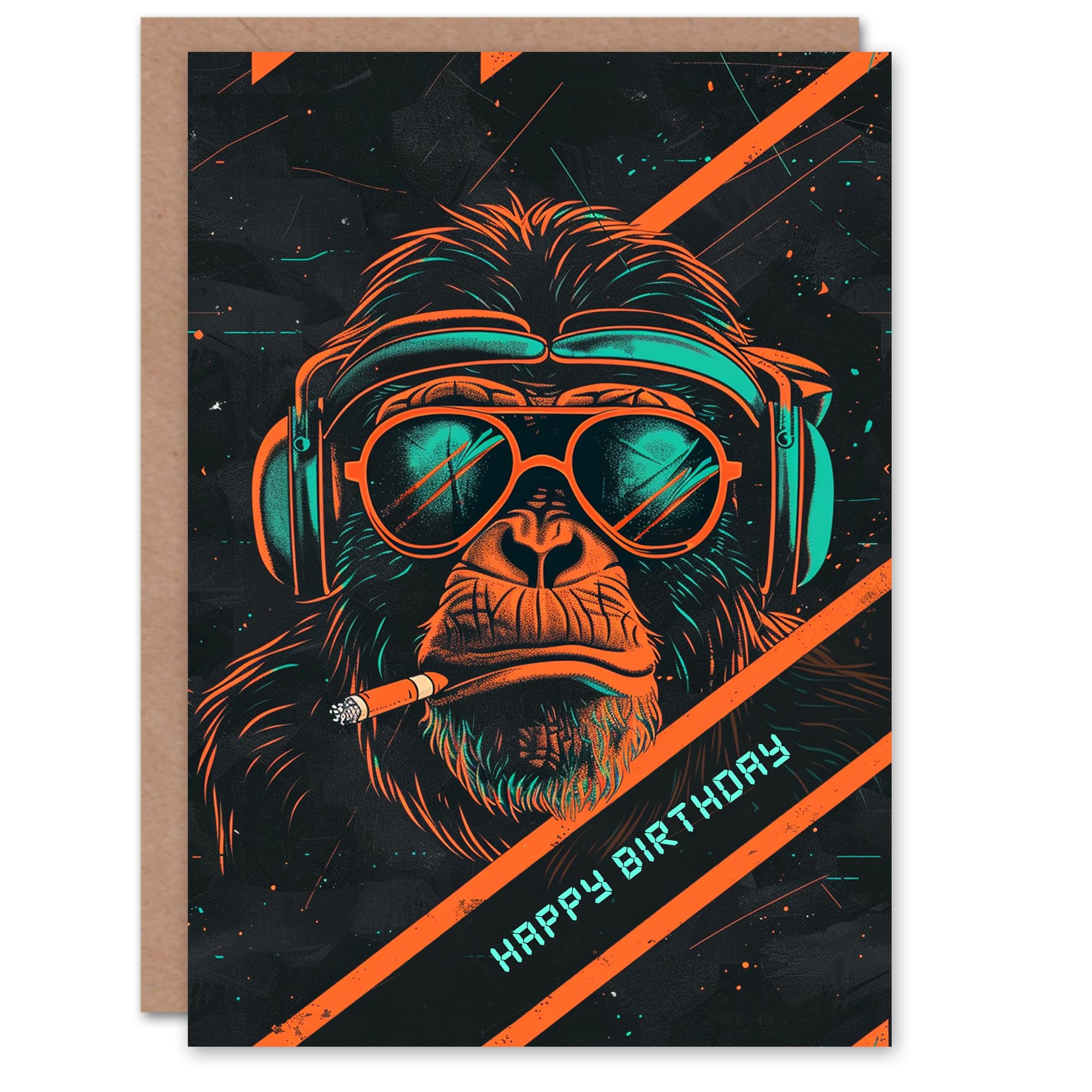 Artery8 Men's Birthday Card - Neon Chimp DJ Dance Retro - Orange