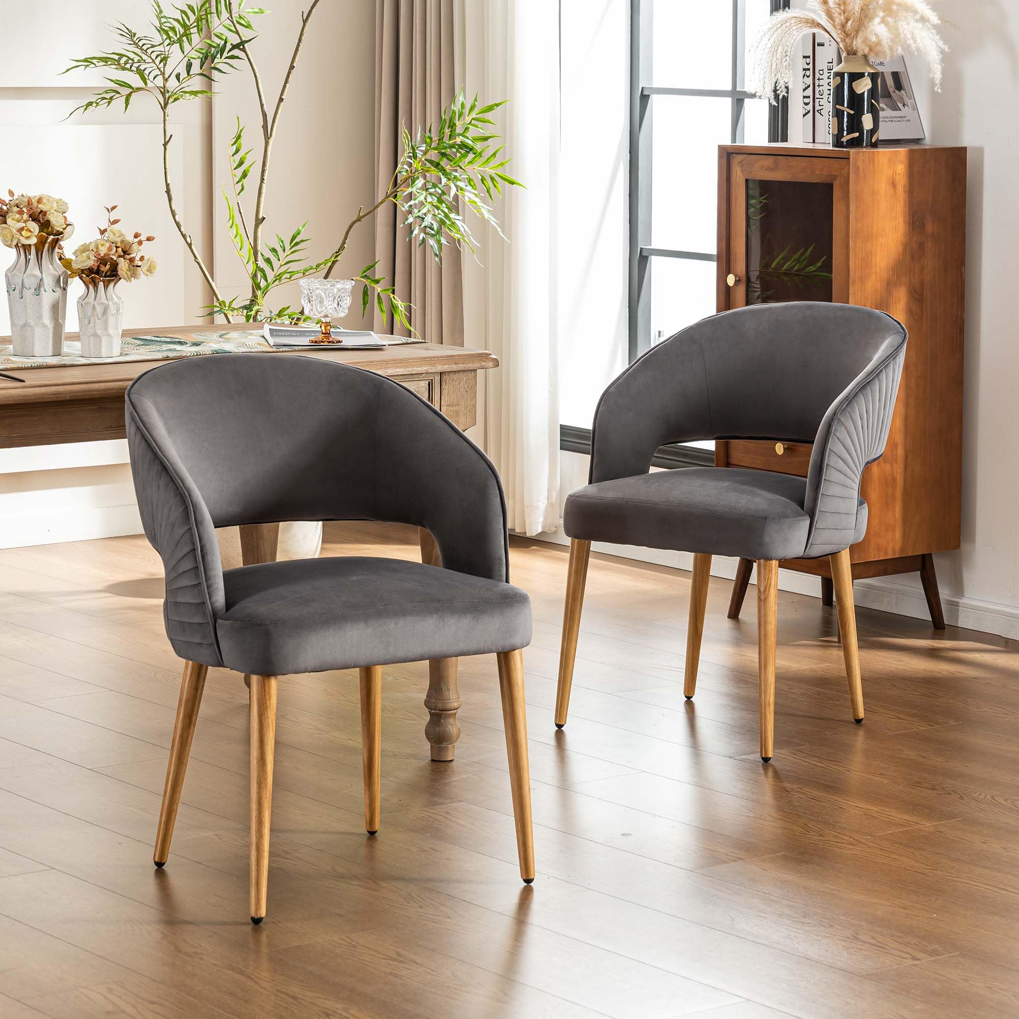 younturn Modern Velvet Upholstered Dining Chairs Set of 2, Comfortable Padded Kitchen Chairs with Armrests, Curved Backrest and Solid Wooden Legs for Dining Room, Kitchen, Living Room, Grey — image 1