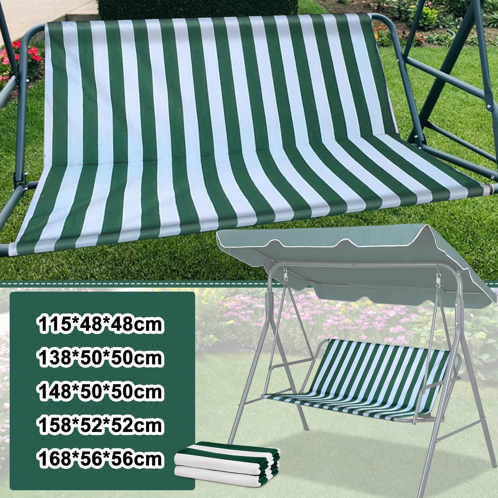 WingFly Funda de Asiento de Jardín para Columpio de Jardín, para Silla Mecedora de Jardín, Fundas para Silla de Jardín, 2 y 3 Plazas Rayas Verde (115 * 48 * 48cm)