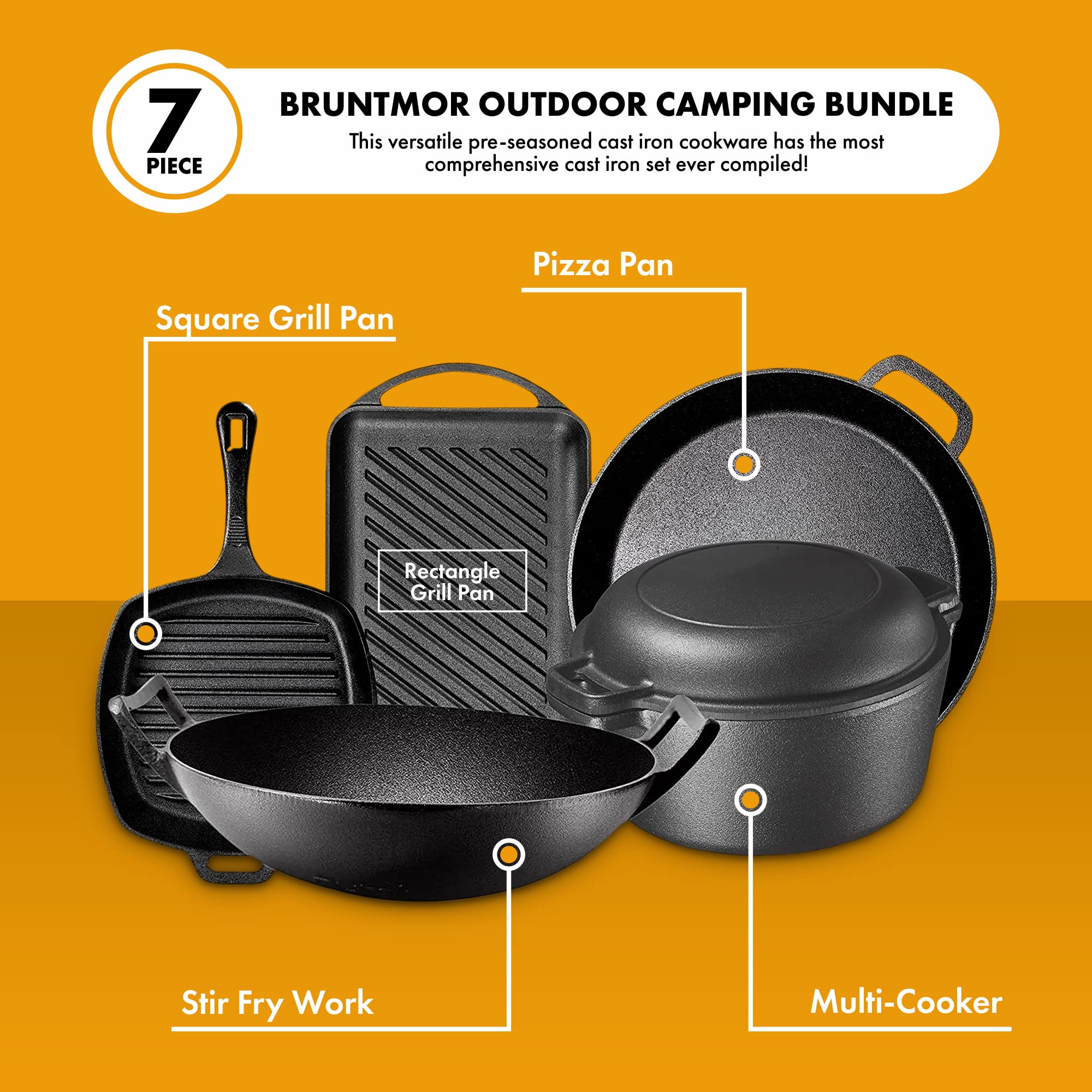 Pre Seasoned Cast Iron 5Piece Bundle Gift Set, Double Dutch, Rectangular grill Pan, Wok, Large Skillet, Square Grill Pan & Chainmail, Camping Cookware Set