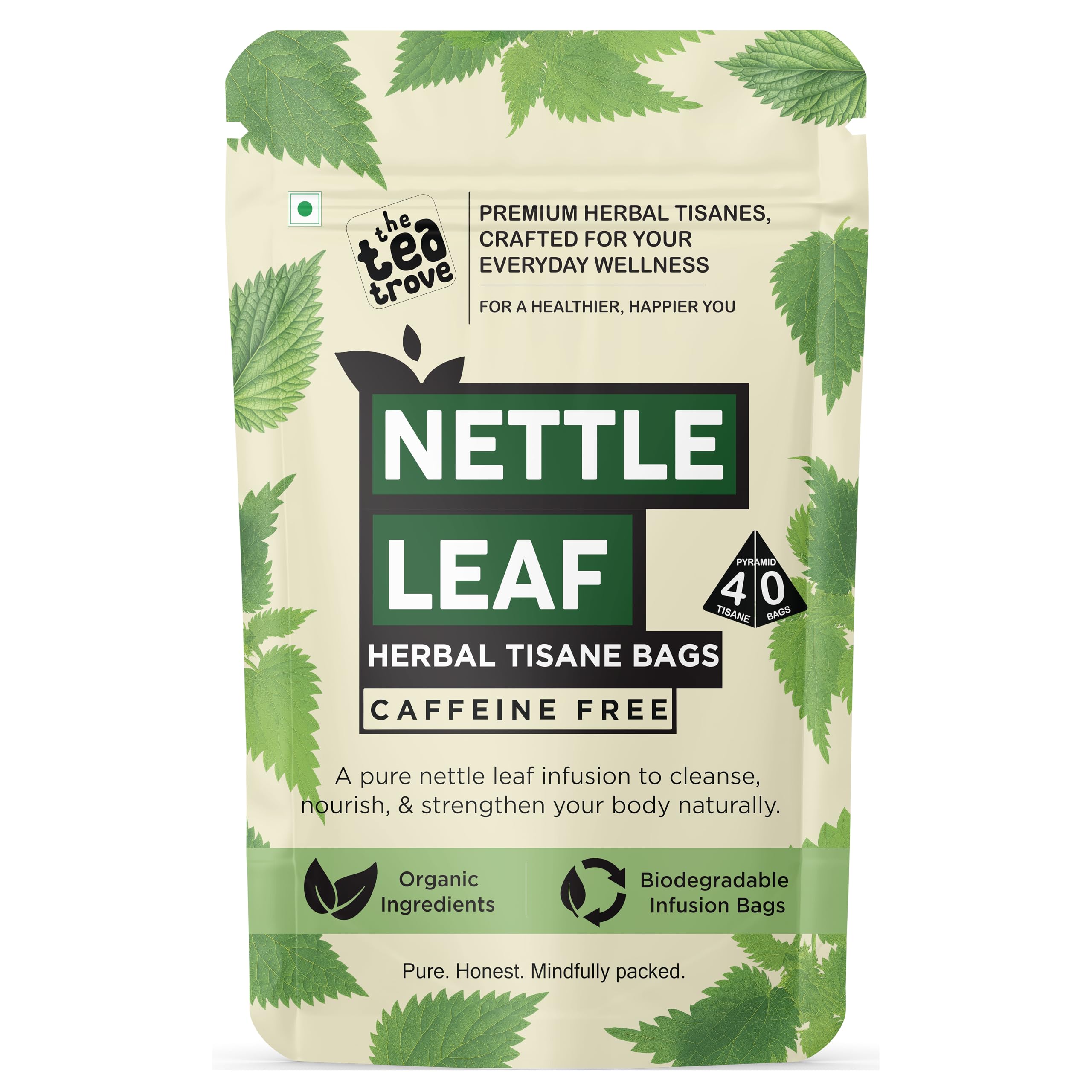 the tea trove Organic Nettle Leaf Tea Bags - 40 Eco-Friendly Stinging Nettle Tea Bags In Resealable Pouch For Everyday Wellness, Caffeine Free | Pack Of 1, 40 grams