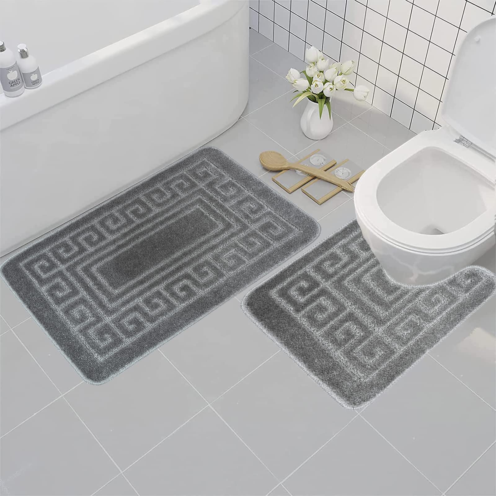 Greek Bath Mat 2 Pcs Set Non-Slip Bath Rug Toilet Mat Washable Bathroom Mats Rugs Absorbent Soft Rug for Bathtub Bathroom Includes 1 Bath Mat (50 X 80cm) And 1 Pedestal Mat (50 X 40cm) (GREY) - Image 4
